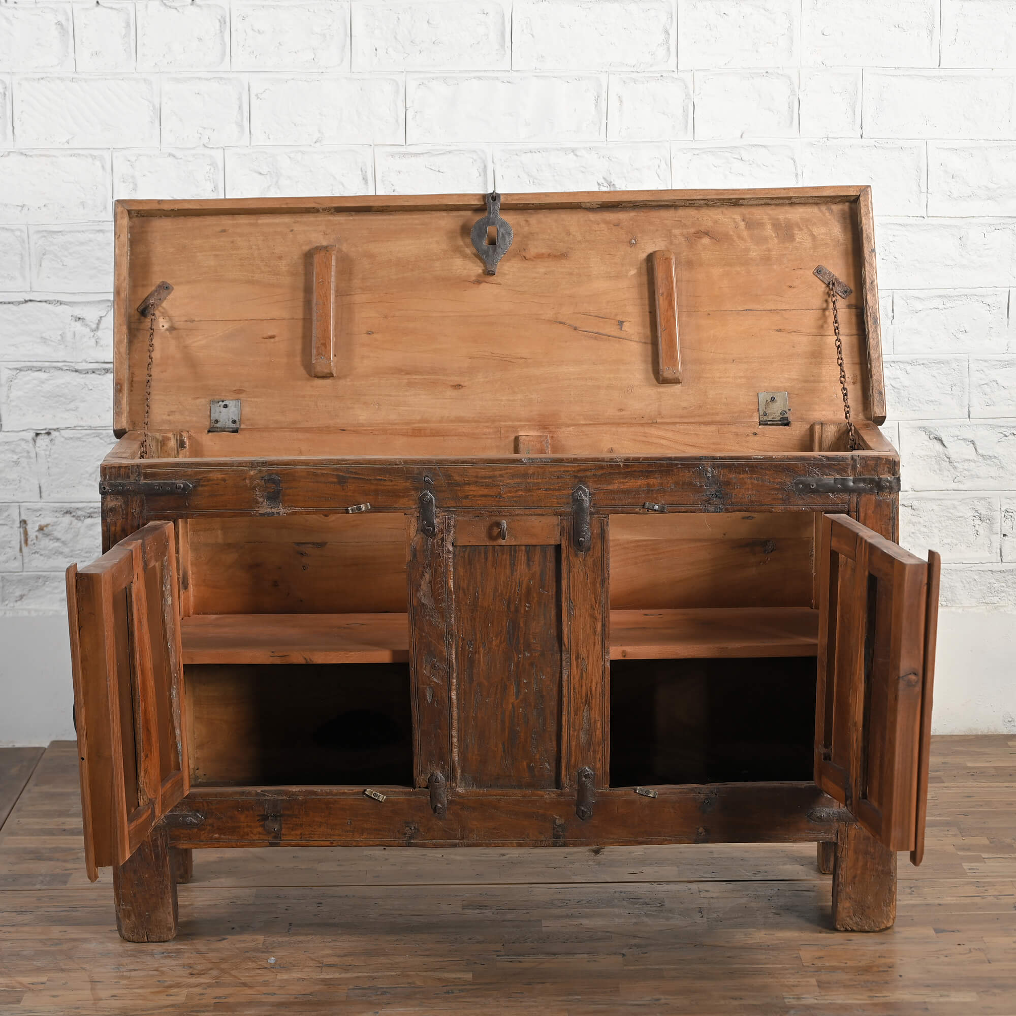 Hand Carved Indian Sandook Solid Wood Sideboard - Traditional Storage Cabinet for Home & Office - Perfect for Living Room, Bedroom, or Entryway Decor
