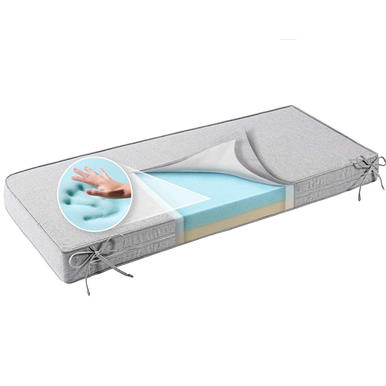 SUNROX 36x14x4 Inch Gel Memory Foam Bench Cushion with Ties - Water Resistant, FadeShield Technology - Ultra Durable Indoor/Outdoor Seat Pad in Heather Grey - Perfect for Patio, Deck, Garden & Entryway Benches