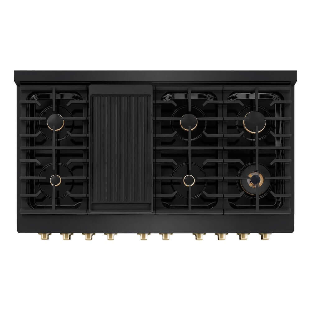 ZLINE Autograph Edition 48-inch 6.7 cu. ft. Paramount Double Oven Gas Range with 8-Burner Cooktop - Black Stainless Steel & Polished Gold Accents (SGRBZ 48 G) | Professional Kitchen Appliance for Home Chefs & Entertaining
