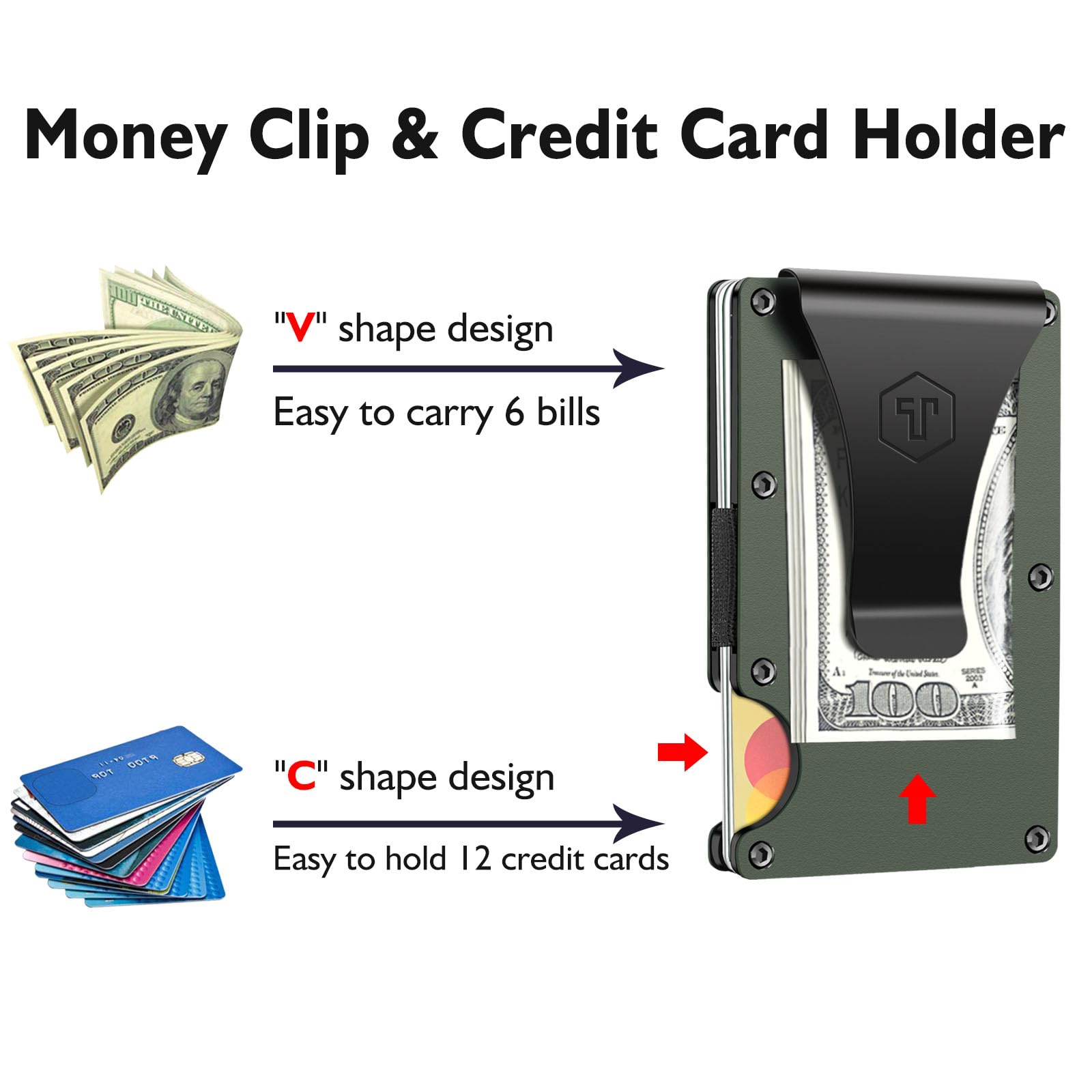 OTO Minimalist Slim Money Clip Wallet for Men - RFID Blocking Carbon Fiber & Aluminum Metal Credit Card Holder (Army Green) | Perfect for Travel, Business & Everyday Carry