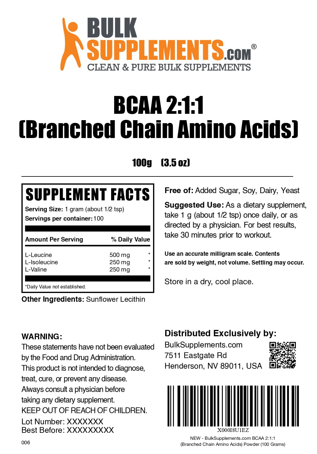 BulkSupplements BCAA 2:1:1 Powder - Unflavored Branched Chain Amino Acids Supplement, Gluten Free, 1g per Serving, 100g (3.5 oz) - Supports Muscle Recovery & Workout Performance for Athletes & Fitness Enthusiasts