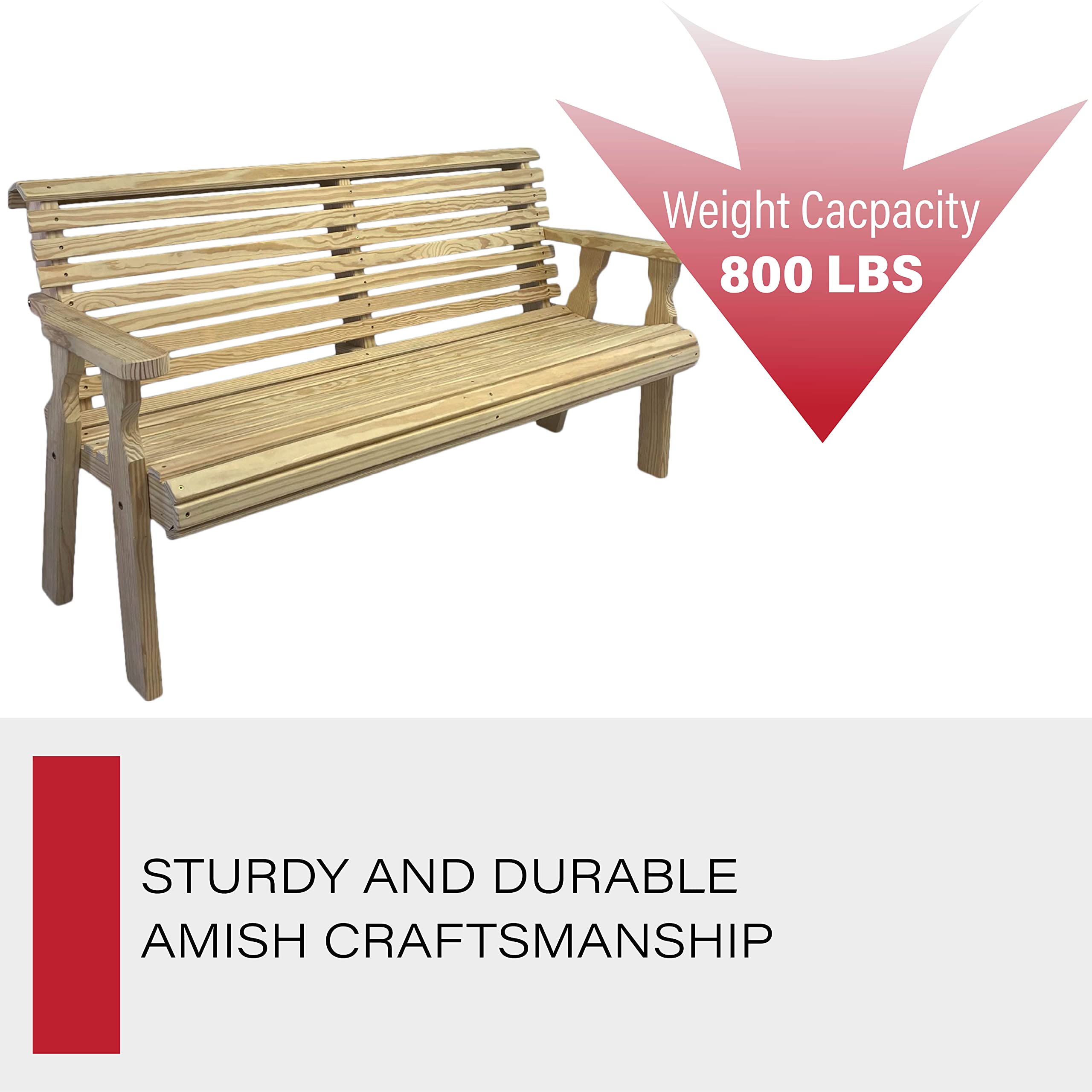 Amish-Made Heavy Duty Unfinished 4-Foot Roll Back Outdoor Bench - Solid Treated Pine, 700 lb Weight Capacity - Perfect for Patio, Garden, Porch & Backyard Seating