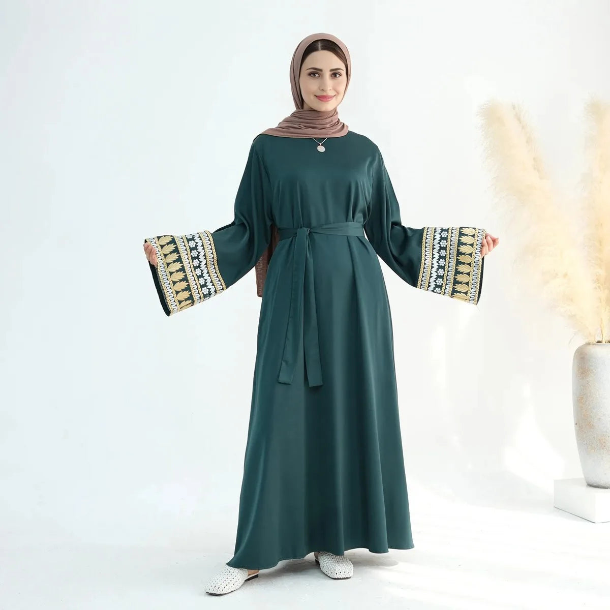 Elegant Satin Abaya Dress with Embroidery Cuff - Modest Islamic Clothing for Women | Perfect for Prayer, Eid, and Special Occasions