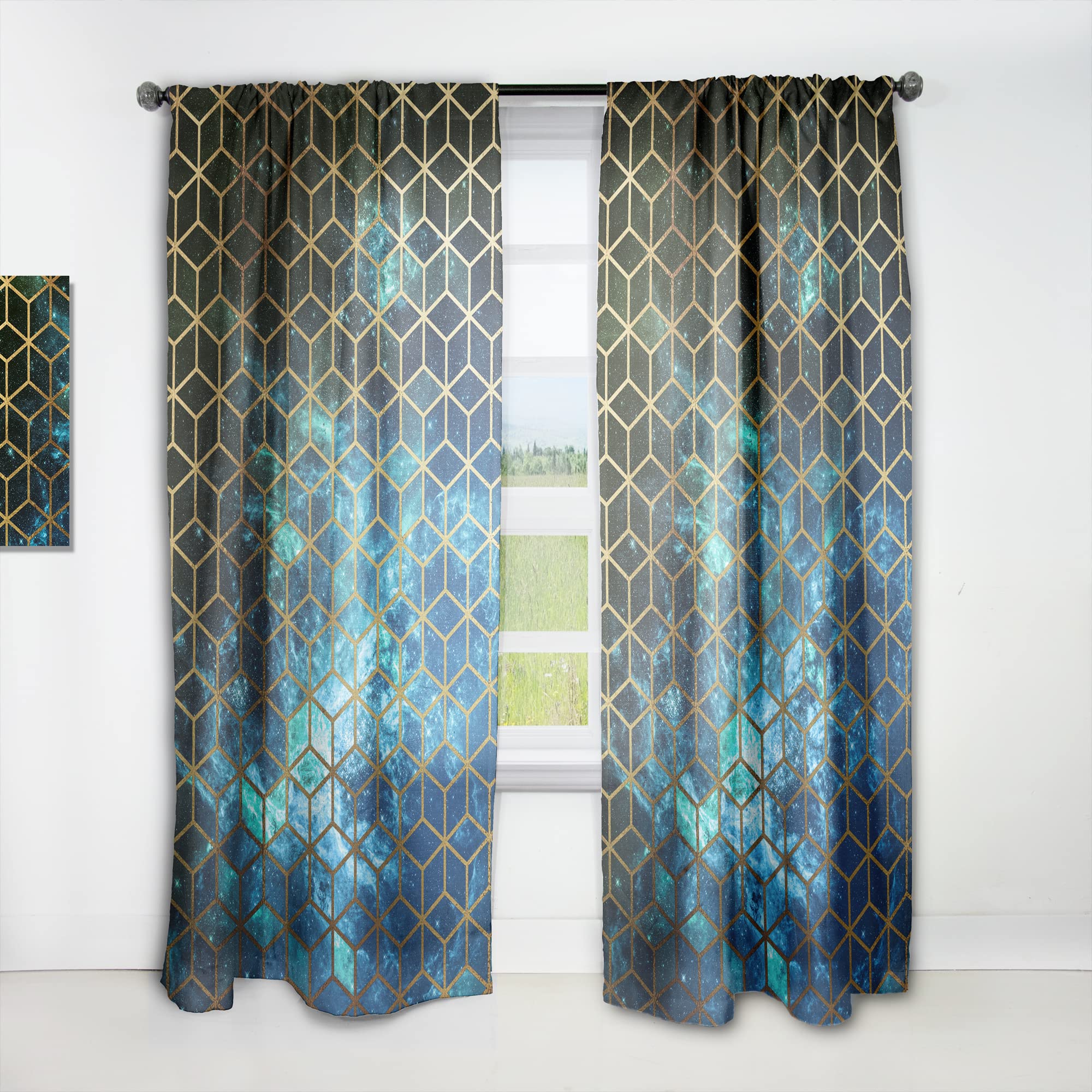 DesignQ Thermal Insulated Curtains - Yellow Cubes Over Blue Cosmic Pattern, 52x120 Inch Single Panel for Bedroom & Living Room - Blackout Drapes for Energy Efficiency & Privacy