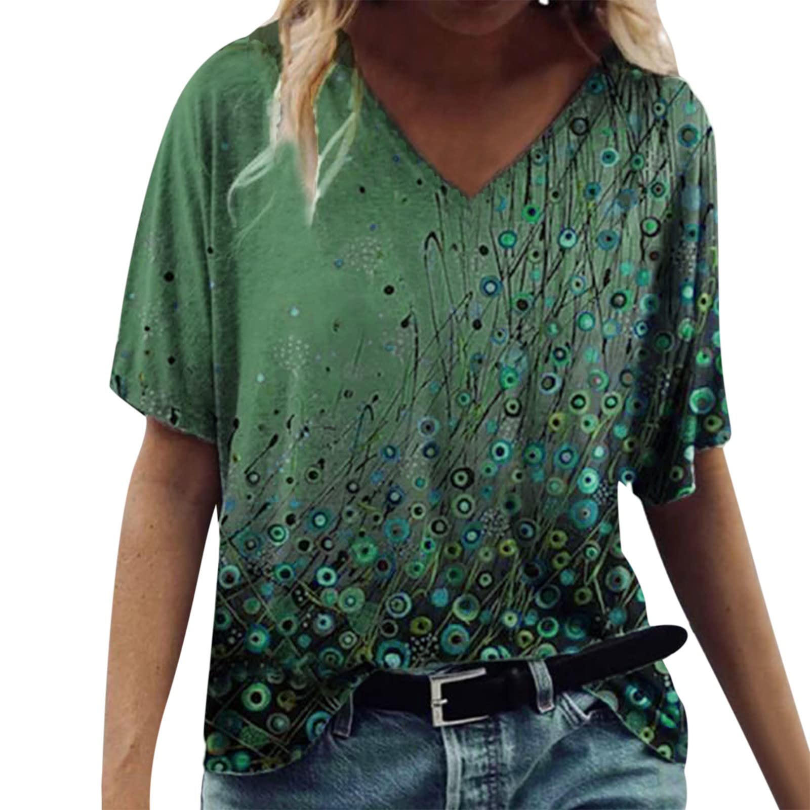 PLENTOP Women's Short Sleeve Blouse - Fashion V-Neck Casual Top with Full Body Print | Perfect for Summer Outfits, Office Wear & Weekend Casual Looks
