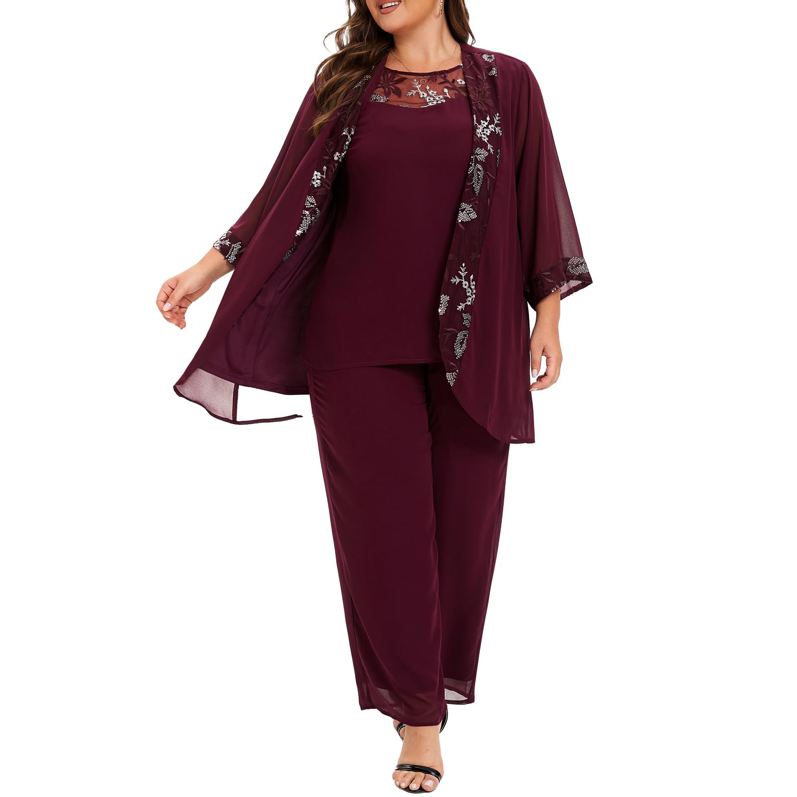 Plus Size Women's 3-Piece Chiffon Wedding Pant Suit - Elegant Mother of the Bride/Groom Outfit for Evening Parties & Formal Occasions