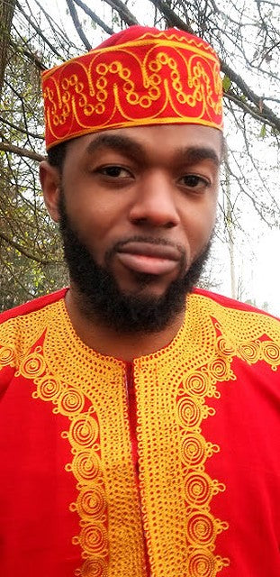Men's Red African Adebo Kufi Hat with Gold Embroidery - Traditional Muslim Prayer Cap - Perfect for Eid, Weddings & Cultural Celebrations (DPH4004)