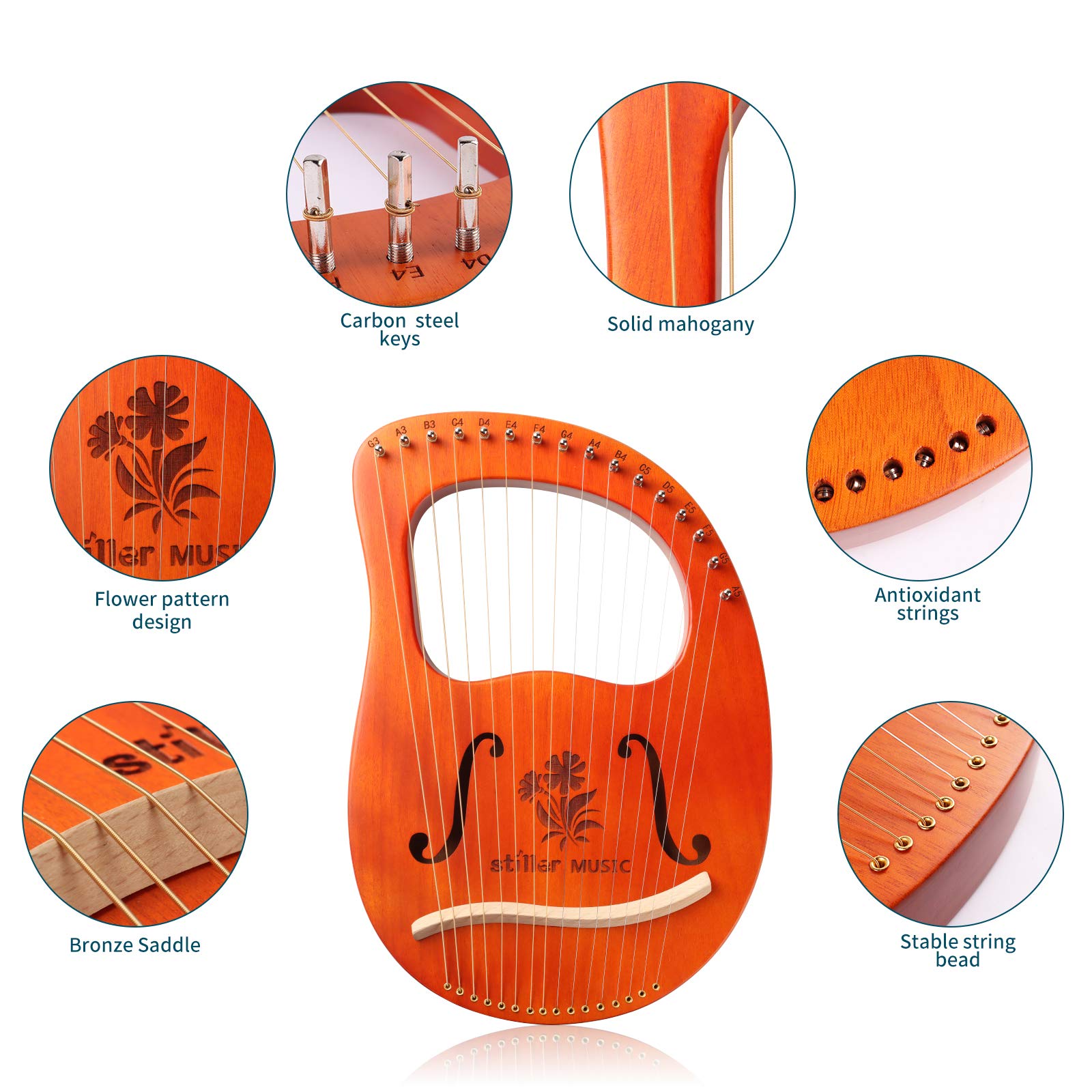 16 String Mahogany Lyre Harp with Tuning Wrench & String Set - Professional Musical Instrument for Beginners & Music Lovers | Perfect for Meditation, Home Decor, and Celtic Music Performances (Begonia)