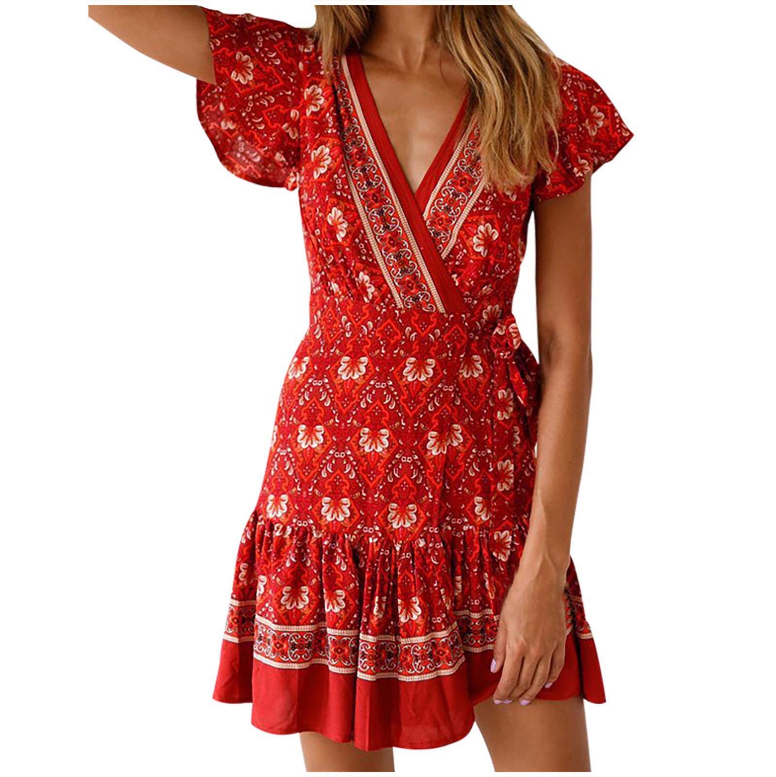 Bohemian Floral Print V-Neck High Waist Loose Dress for Women - Summer Beach Wedding Guest Casual Vintage Dress | Perfect for Vacations, Parties & Outdoor Events