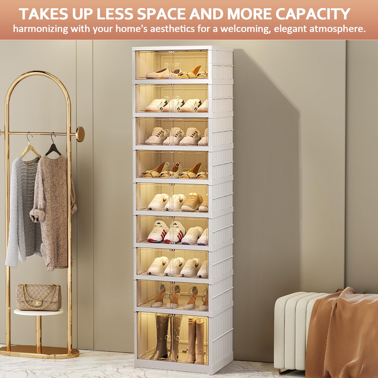 9-Tier Foldable Shoe Rack Organizer - Holds 18 Pairs of Shoes | Collapsible Sneaker Storage Cabinet with Doors & Lids | Stackable Closet & Entryway Shoe Shelf for Living Room, Bedroom & Hallway Organization