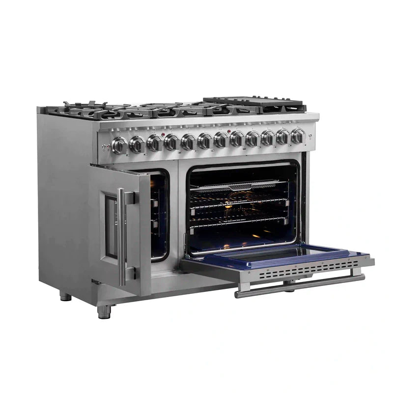 FORNO Massimo 48 Inch Freestanding Dual Fuel Range with French Doors - Stainless Steel FFSGS6325 | Professional Gas & Electric Oven for Home Chefs | Perfect for Baking, Roasting & Entertaining
