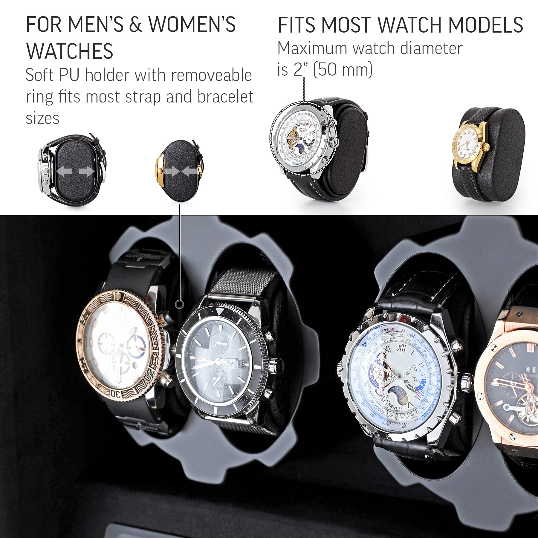 4 Watch Winder Box with 5 Watch Storage - Automatic Winder with LCD Display, Touch Control & LED Interior Light - Perfect for Watch Collectors & Luxury Watch Storage