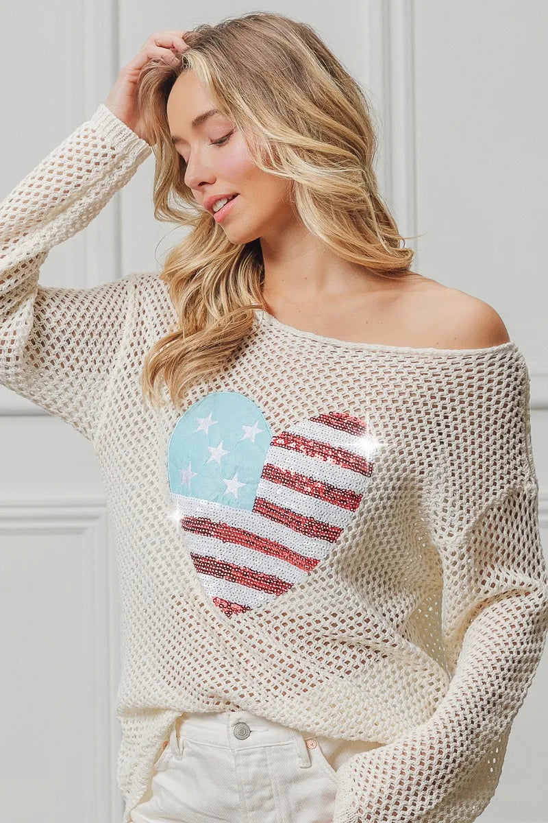 BiBi Sequin American Flag Heart Knit Up - Patriotic Fashion Sweater for Women, Perfect for 4th of July, Memorial Day & Independence Day Celebrations