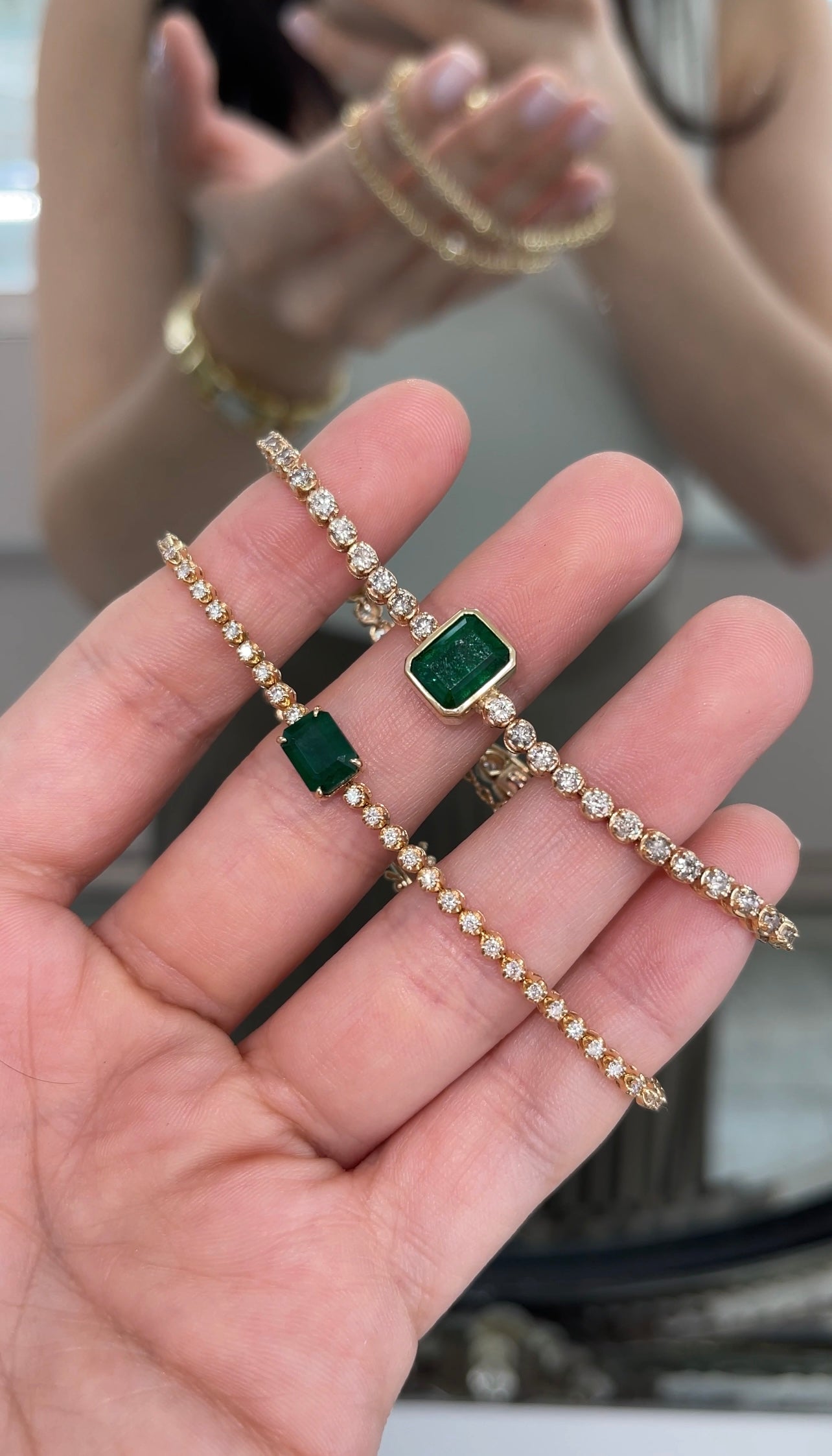 5.86tcw Vivid Green Bezel Emerald & Diamond Tennis Bracelet in 14K Gold - Elegant Jewelry for Women, Perfect for Weddings, Parties & Special Occasions