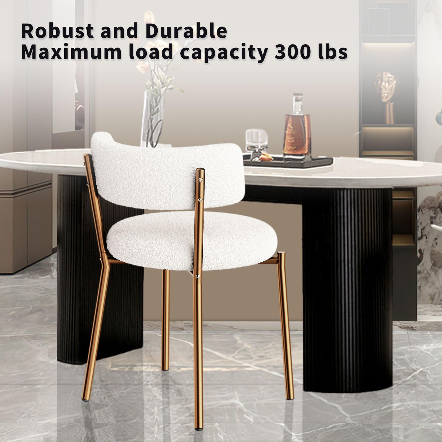 Modern Dining Chairs Set of 4 - Round Upholstered Boucle Sherpa Kitchen Chairs with Curved Backrest & Gold Metal Legs | Mid-Century White Dining Room Chairs for Home, Restaurant, Cafe & Office Use