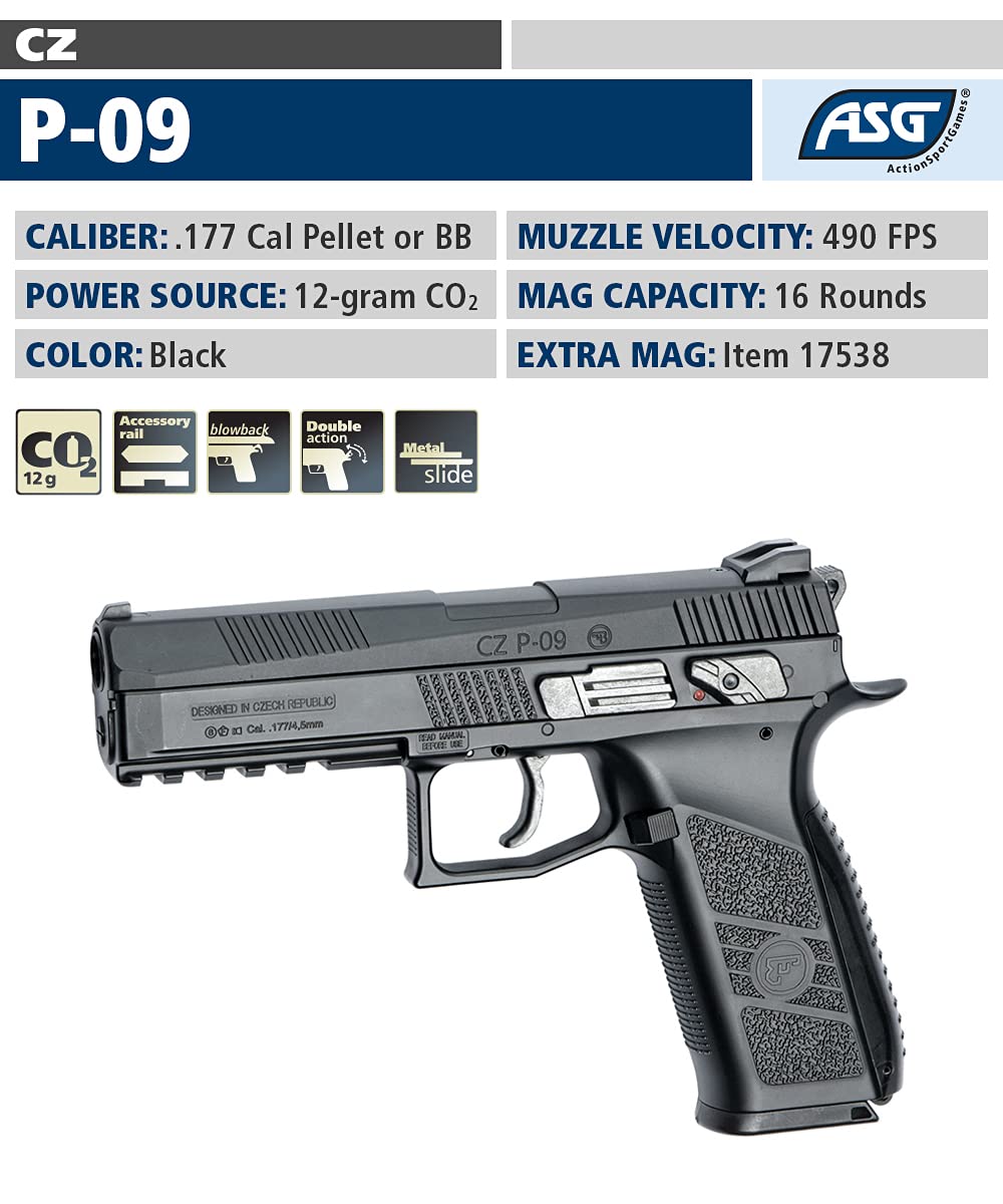 ASG CZ P-09 .177 Caliber Pellet & BB Gun Blowback Air Pistol - CO2 Powered Airgun for Target Shooting, Plinking & Training | Realistic Replica for Outdoor & Indoor Use