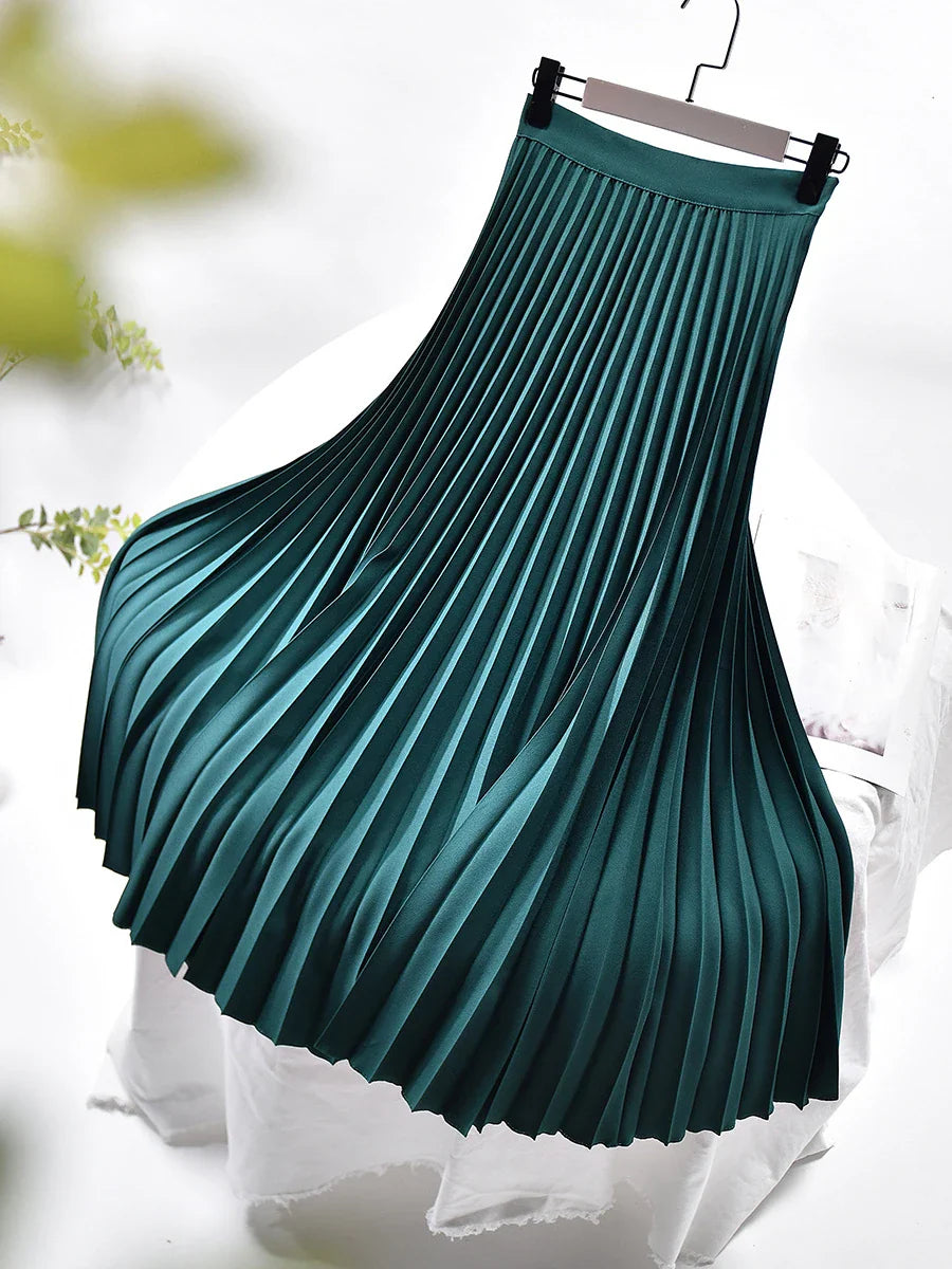 Brand Designer Women's High Waist Pleated Skirt - Elegant Solid Color A-Line Skirt with Elastic Waistband for Spring & Autumn | Office Wear, Party Outfits, Casual Chic Fashion