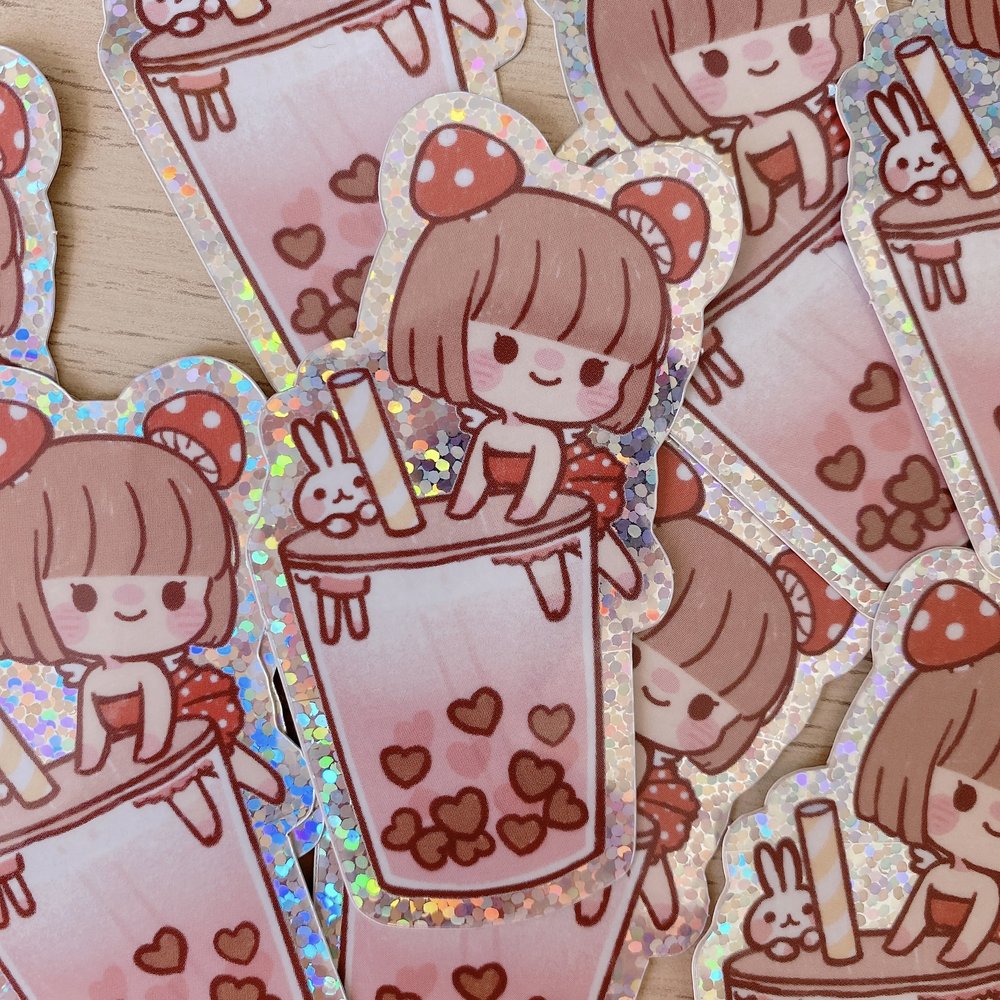 Bubble Tea & Mushroom Girl Cute Vinyl Stickers - Waterproof Decals for Laptops, Water Bottles, Journals & DIY Crafts