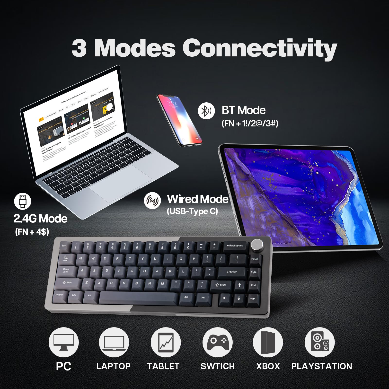 KiiBoom Loop 65 65% Compact Mechanical Keyboard - Full Aluminum Body, QMK/VIA Programmable, Wireless BT5.0/2.4GHz/USB-C, Gasket Mount, FR4 Plate, RGB Backlit for Gaming & Typing - Compatible with Windows/Mac (Grey Black) - Perfect for Esports, Office Work & Content Creation