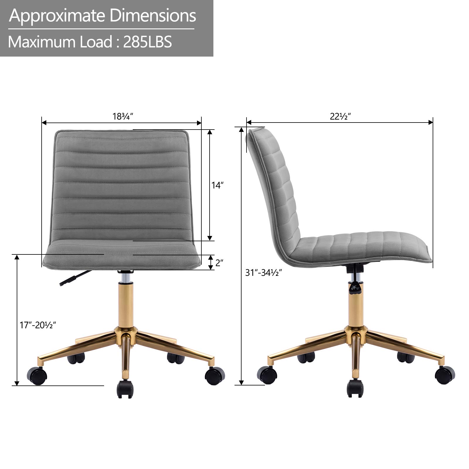 DUHOME Velvet Fabric Office Chair - Armless Swivel Computer Desk Chair for Home & Office, Ergonomic Task Chair in Grey | Perfect for Workstations, Gaming & Study Spaces