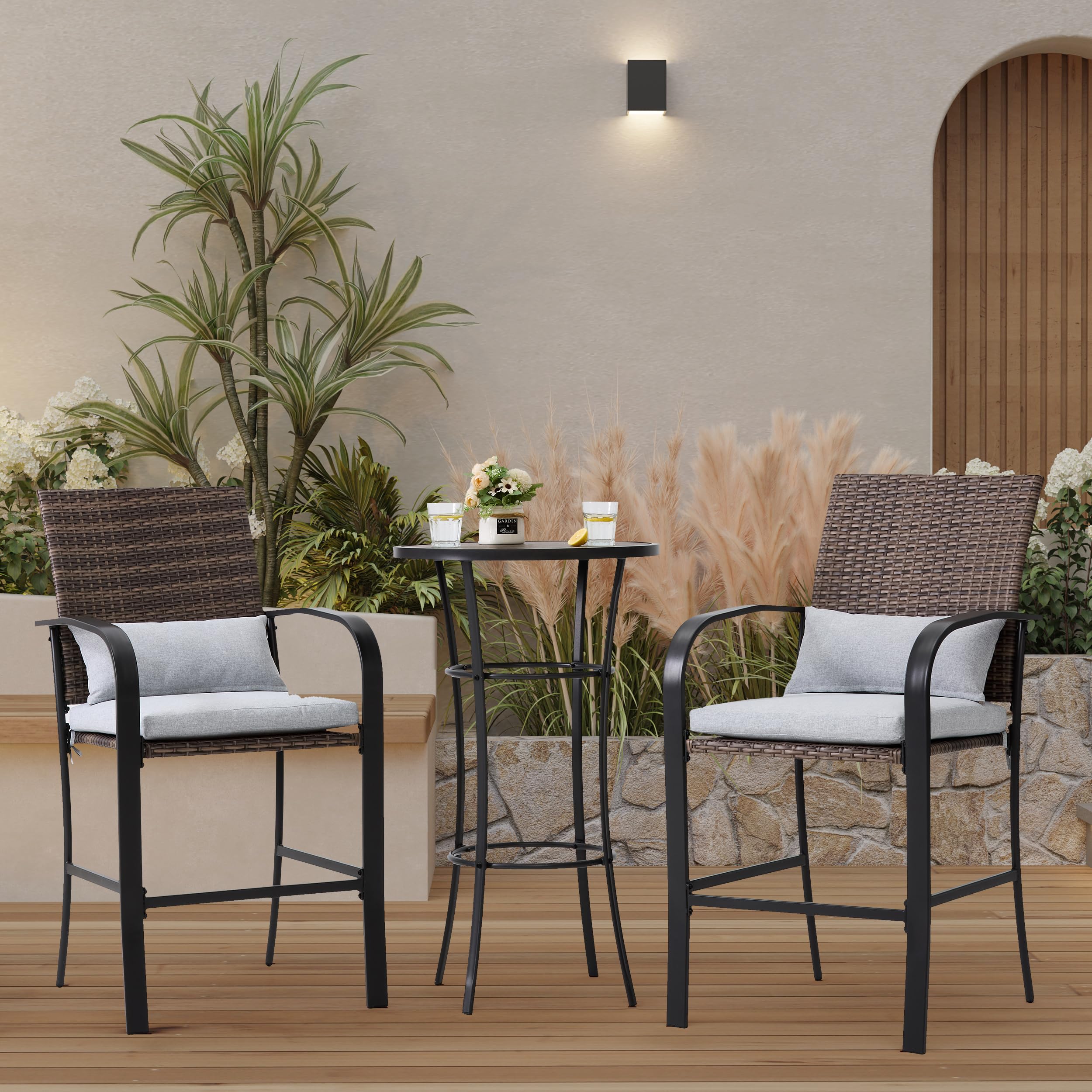 Outdoor Bar Table Set for 2 - Patio Bar Height Table & Chairs with Soft Cushions & Steel Frame in Khaki - Perfect for Backyard, Deck, Garden & Outdoor Entertaining