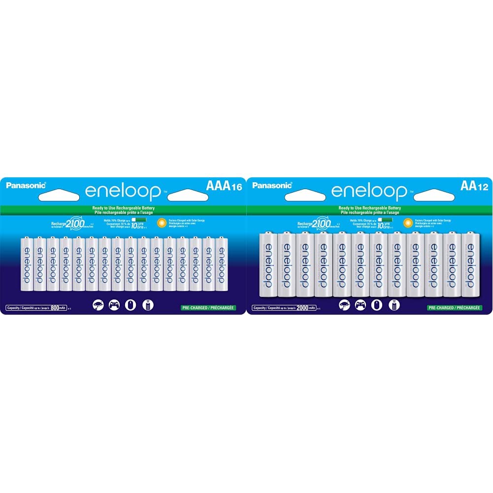 Panasonic Eneloop BK-4MCCA16FA AAA & BK-3MCCA12FA AA Ni-MH Rechargeable Batteries - 16 Pack AAA & 12 Pack AA - 2100 Cycles Pre-Charged - Perfect for Cameras, Toys, Flashlights & Smart Home Devices