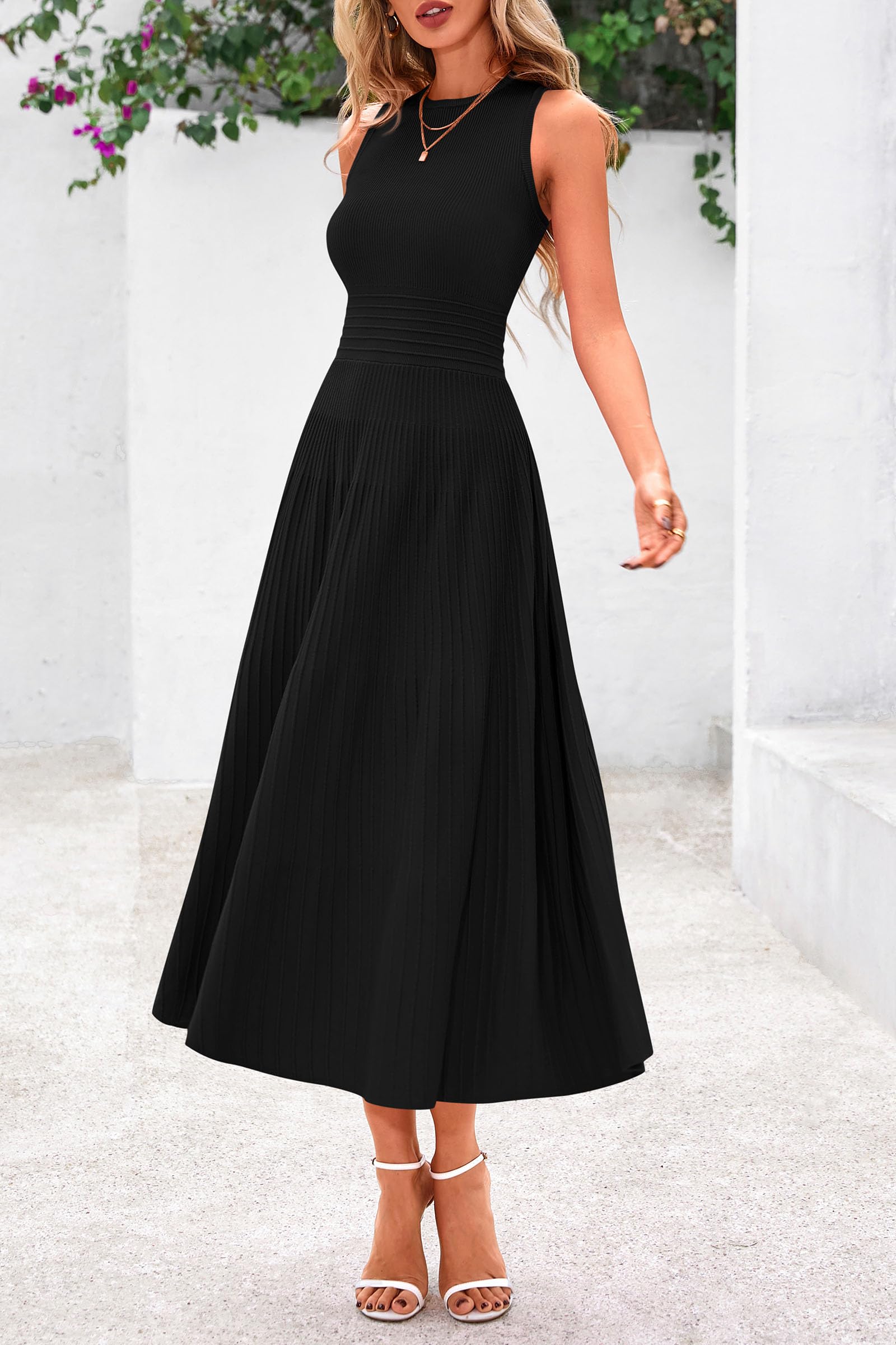 PRETTYGARDEN Women's Spring Summer Casual Business Dress 2025 - Sleeveless A-Line Pleated Midi Cocktail Dress for Work, Office & Party Wear | Perfect for Business Meetings, Cocktail Events & Summer Outings