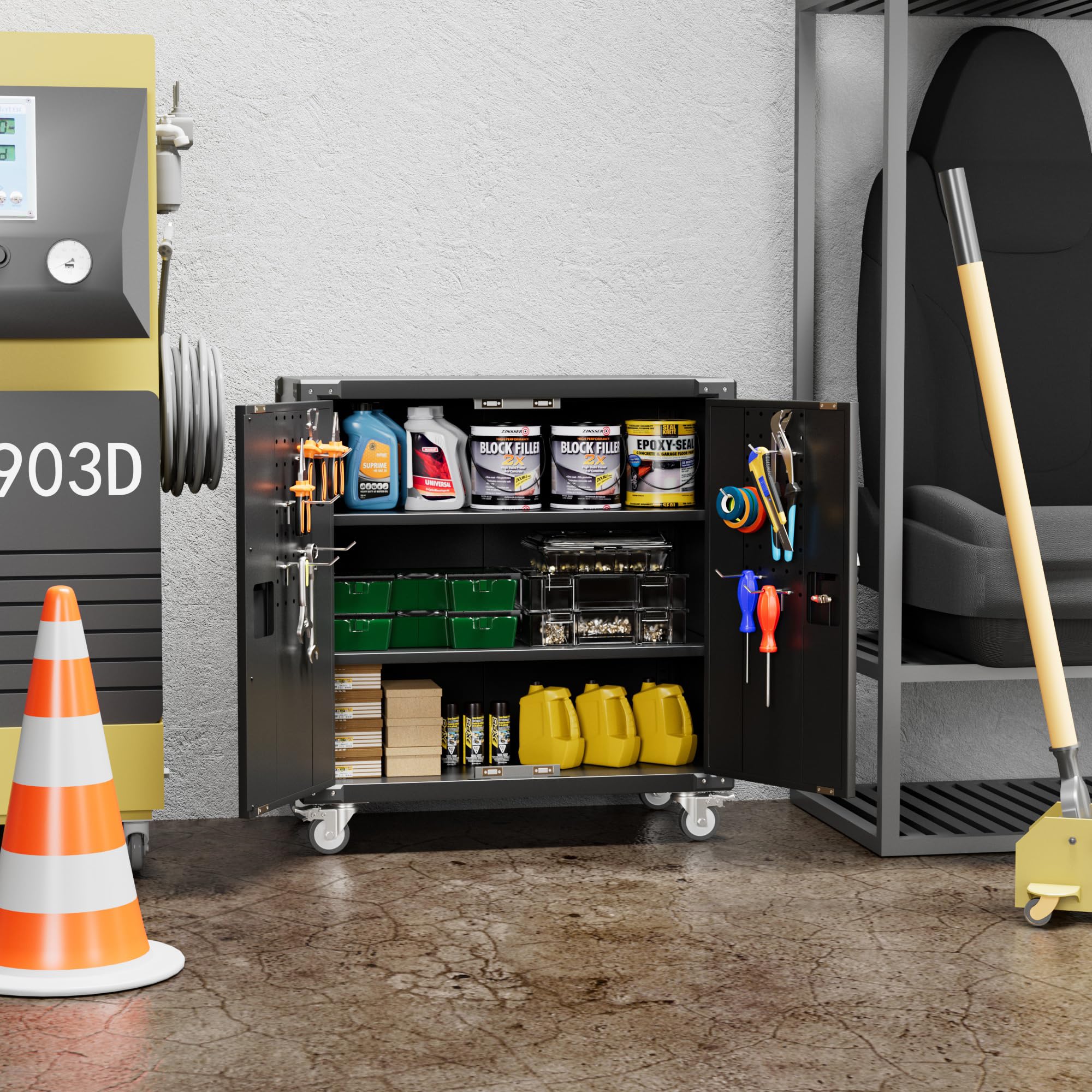 **Heavy Duty Metal Garage Storage Cabinet with 2 Doors & 4 Wheels - Adjustable Shelves Tool Cabinet for Home, Office, Workshop (Black) - SPK-ZSAD-001B | Organize Tools, Equipment & Supplies**