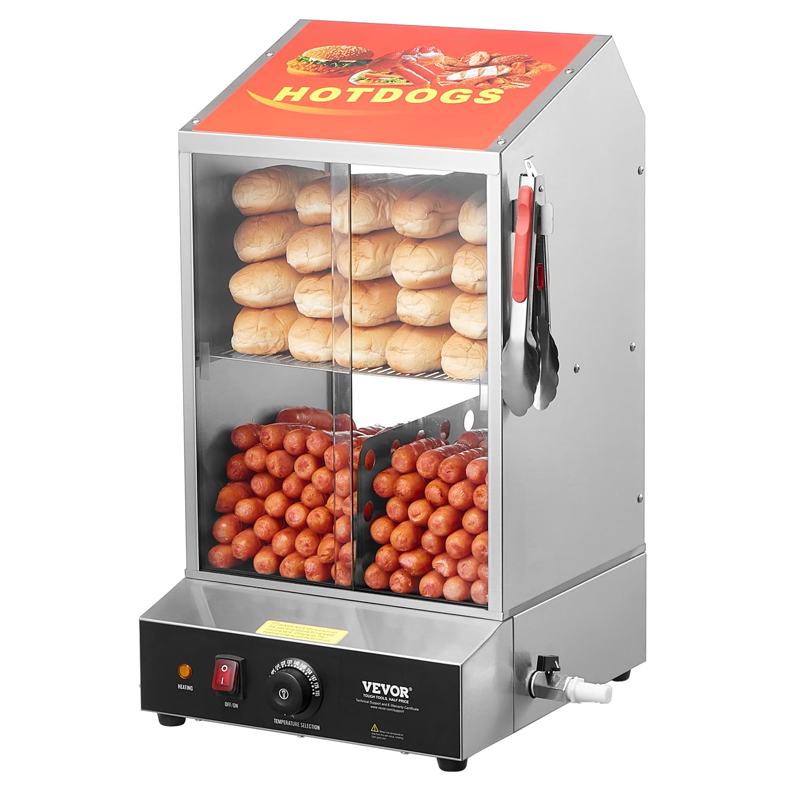 VEVOR 39QT Commercial Hot Dog Steamer - 2-Tier Electric Bun Warmer with Temperature Control (86°F-185°F), Stainless Steel Hot Dog Machine with Tempered Glass Doors & Serving Tools - Perfect for Hot Dog Stands, Food Trucks, and Restaurant Kitchens