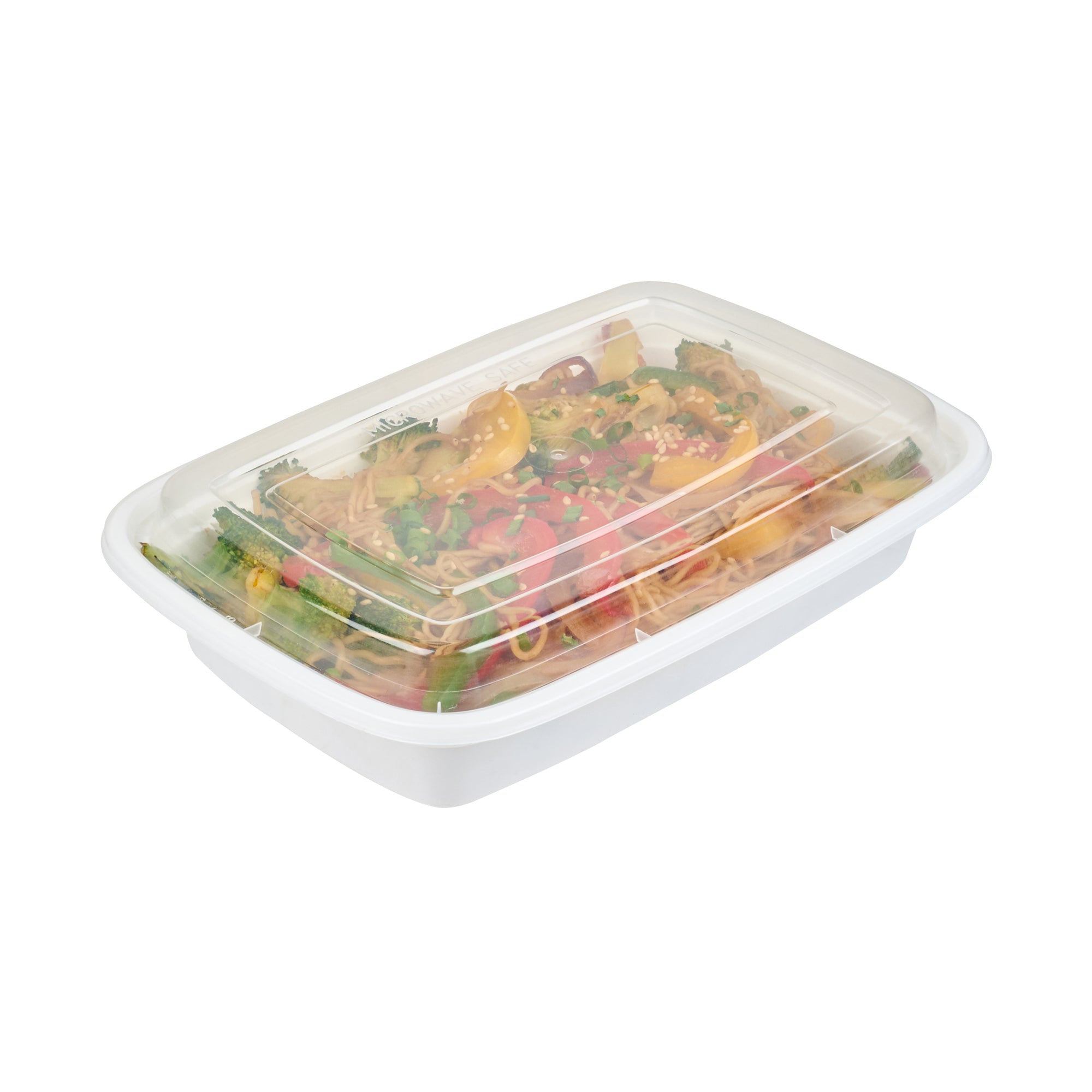 28 oz Rectangle White Plastic Food Storage Container with Clear Lid - Microwave Safe, 50-Pack (8.75