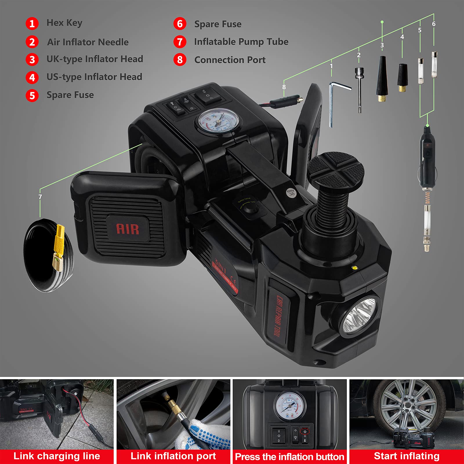 5 Ton 12V Electric Hydraulic Car Jack with Air Inflator - Portable Lifting Tool for SUV, Sedan, MPV (6.1-17.7 Inch Range) - Emergency Tire Changing & Roadside Repair Kit for Travel Safety
