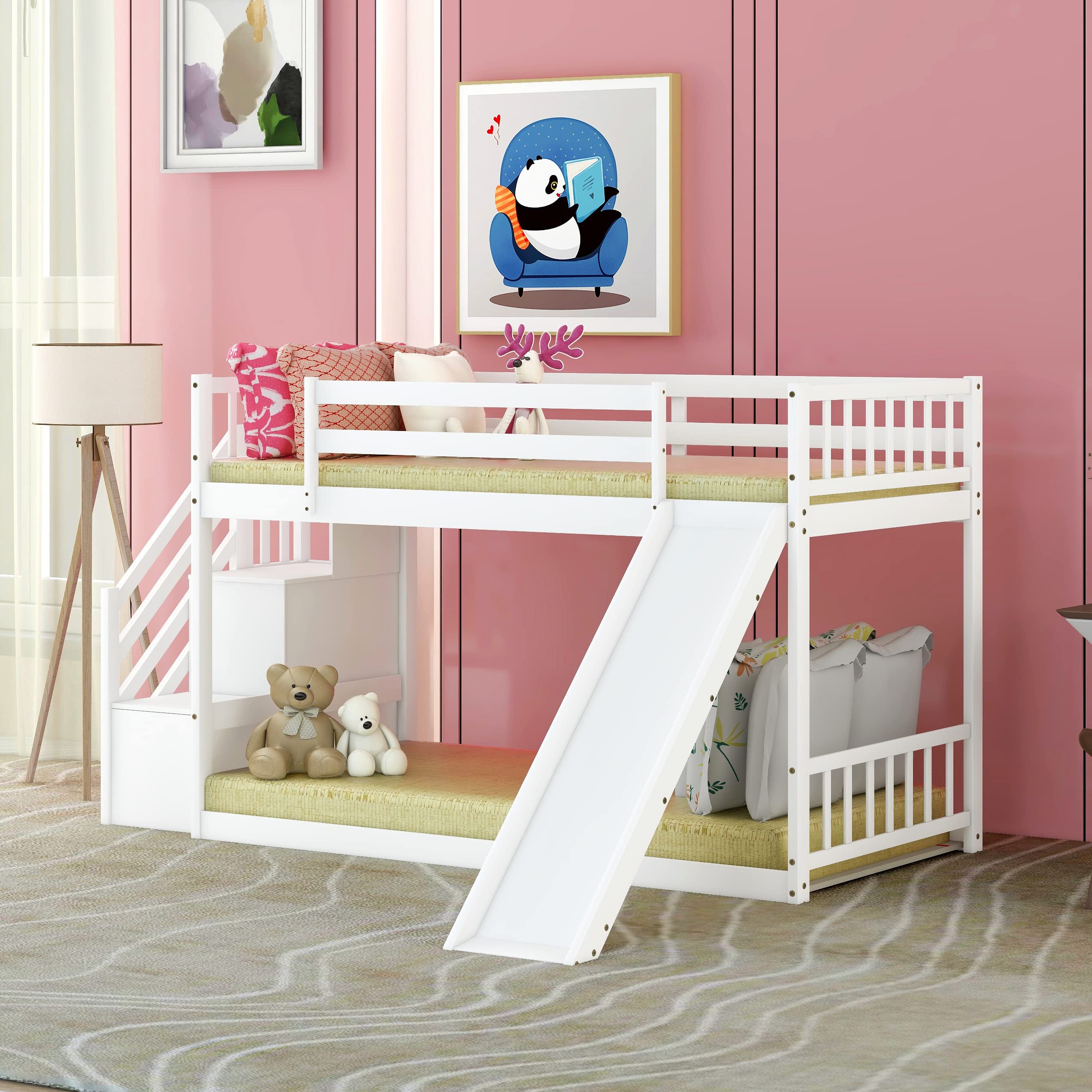 Harper & Bright Designs Twin Bunk Bed for Kids - Wooden Low Bunk Bed with Slide & Stairway - White - Perfect for Kids' Bedroom, Playroom & Space-Saving Solutions