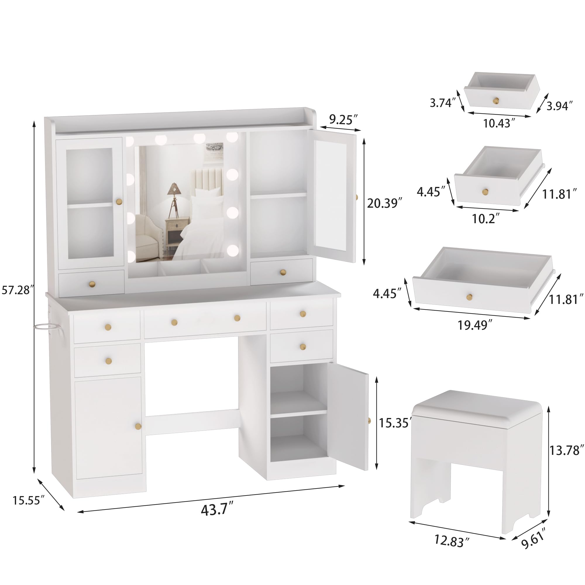 Vanity Desk with Mirror and LED Lights - White Makeup Vanity Set with Adjustable 3-Color Lighting, Built-in Charging Station & Matching Chair - Perfect for Women's Bedroom, Dressing Room or Beauty Salon