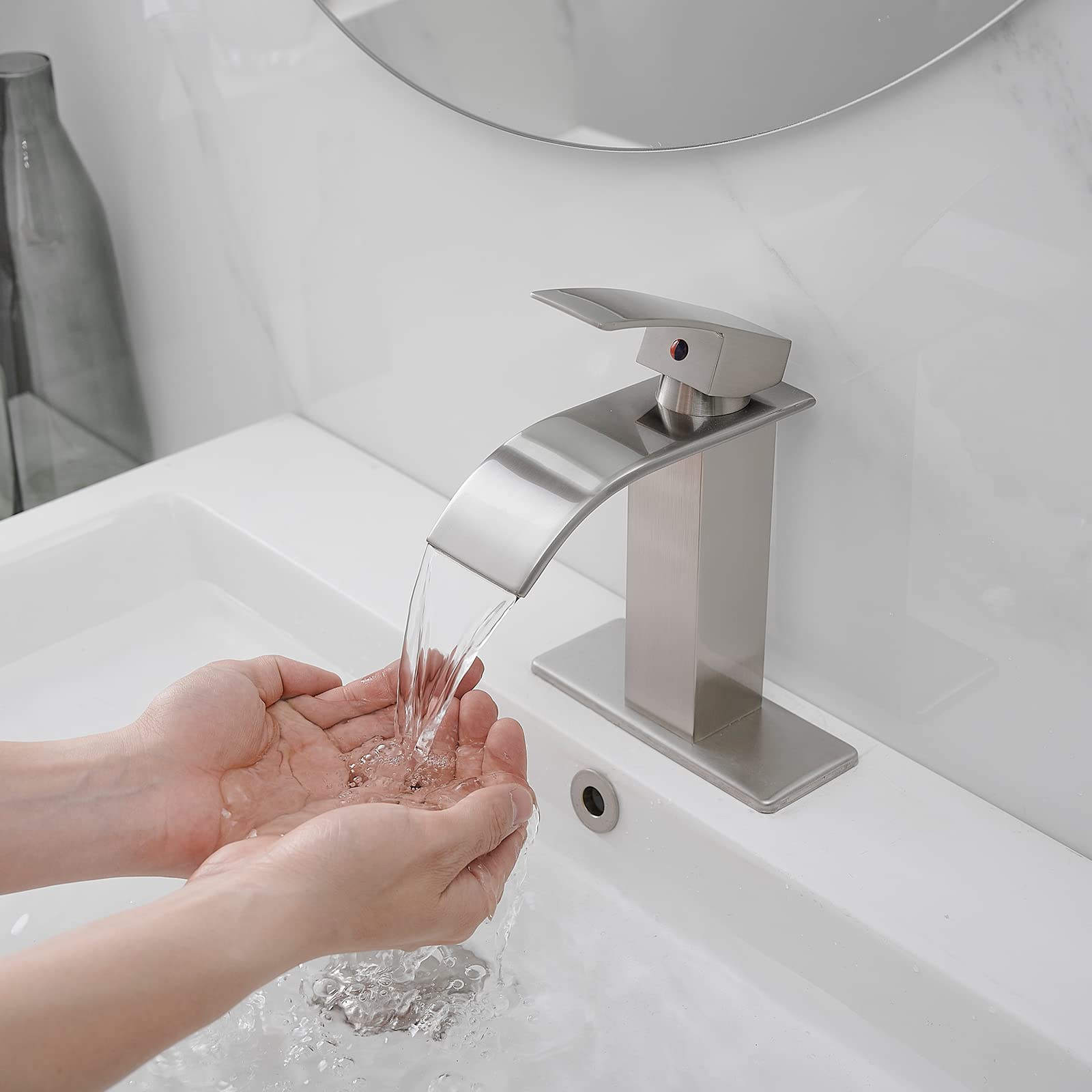 BWE Brushed Nickel Waterfall Bathroom Faucet - Single Handle Vanity Sink for Modern Bathrooms
