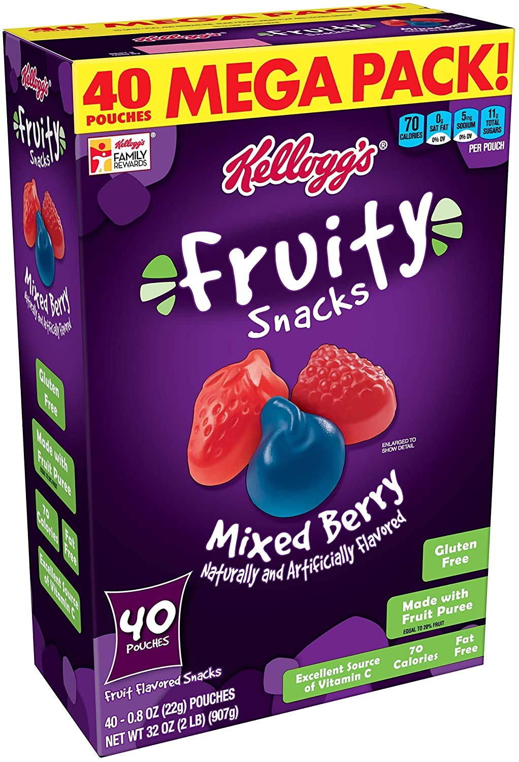 Gluten Free & Fat Free Mixed Berry Fruity Snacks - 32 Oz (40 Pouches) | Healthy On-The-Go Snack for Kids Lunch, Office & Travel