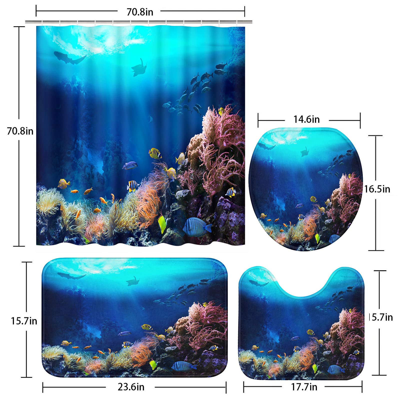ArtSocket Underwater Coral Reef Bathroom Set - Tropical Ocean Fish Shower Curtain & Non-Slip Rugs 4 Piece Bath Accessories | Marine Aquatic Decor for Beach Themed Bathrooms & Kids' Bathroom Decor