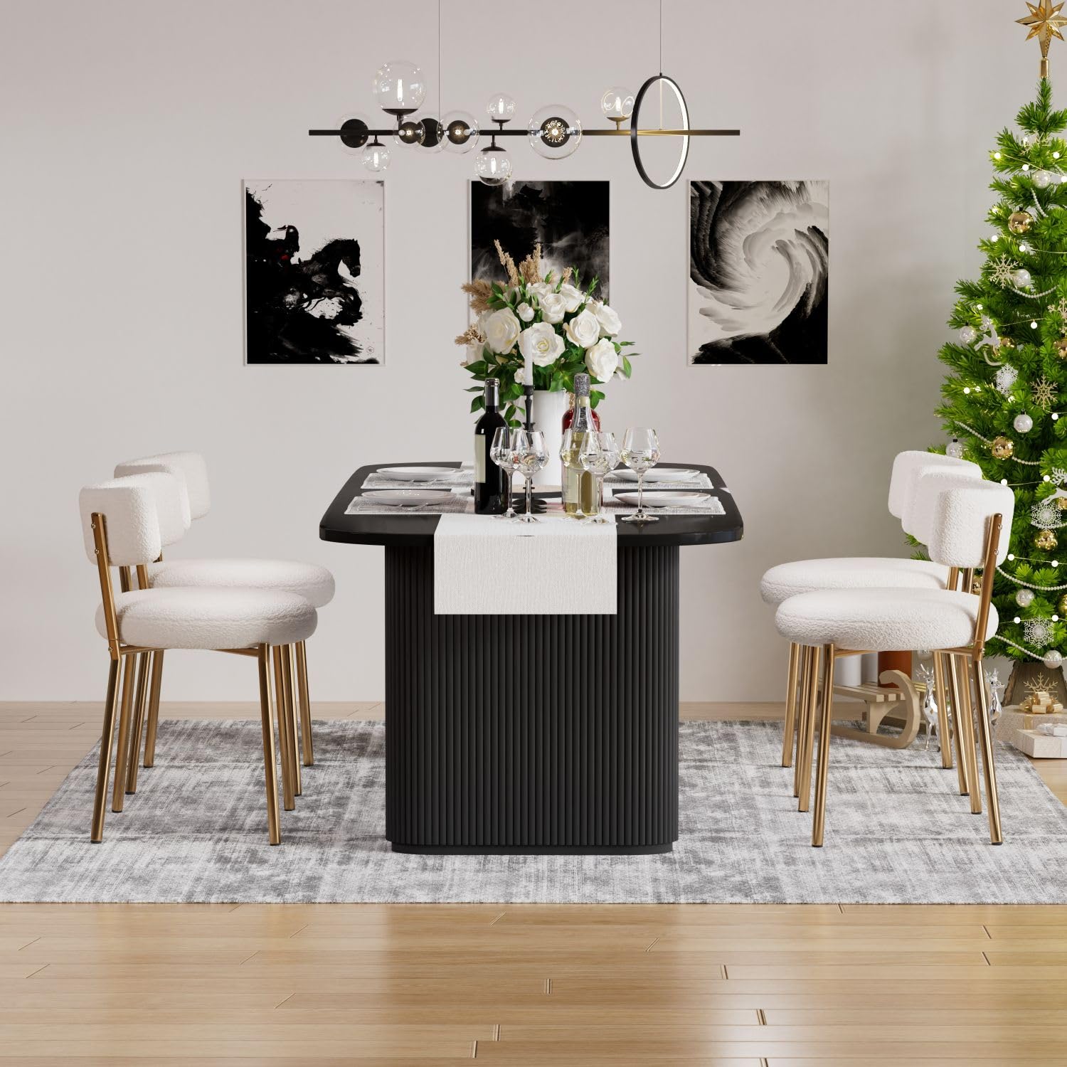 Modern Dining Chairs Set of 4 - Round Upholstered Boucle Sherpa Kitchen Chairs with Curved Backrest & Gold Metal Legs | Mid-Century White Dining Room Chairs for Home, Restaurant, Cafe & Office Use