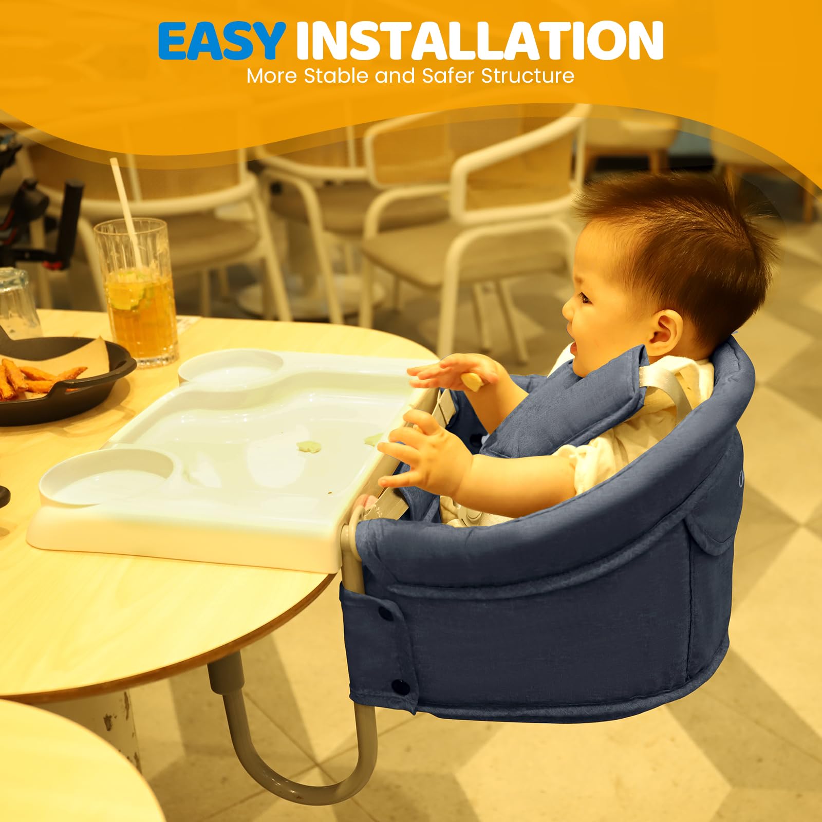 Orzbow Hook On High Chair with Removable Tray - Portable Folding Baby Booster Seat for Dining, Travel & Home - Includes Storage Bag - Easy Clip-On Design for Restaurants & Outdoor Use - Blue