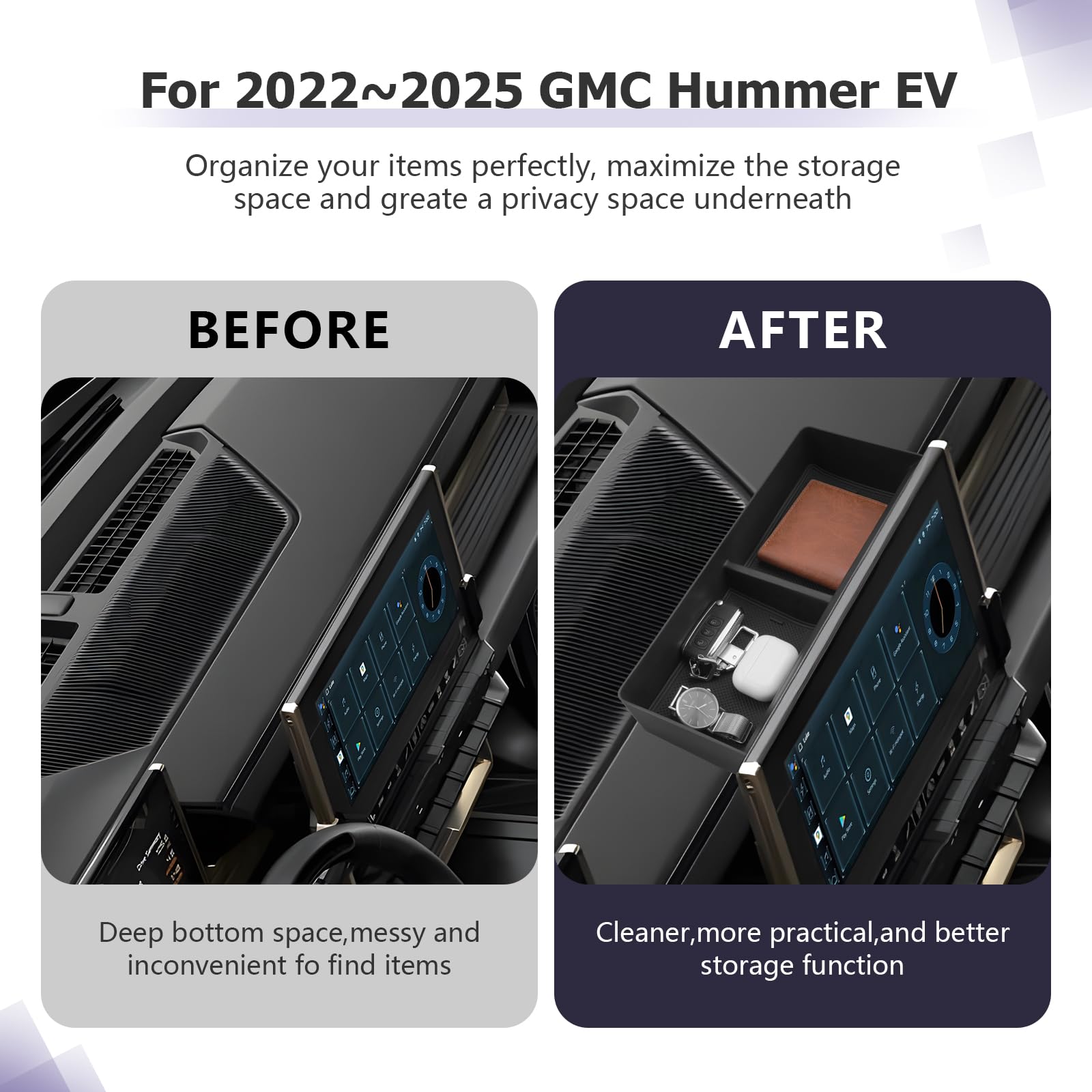 2022-2025 GMC Hummer EV Center Console Organizer - Premium Black Dashboard Storage Tray for Armrest Compartment | Perfect for Road Trips, Daily Commutes & Vehicle Organization