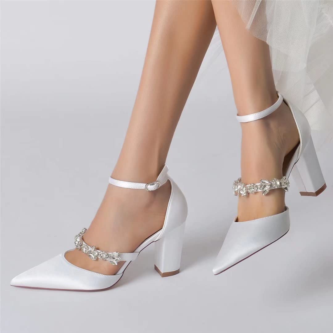 Elegant Satin Rhinestone Block Heel Wedding Shoes - Pointed Toe Bride Pumps for Prom, Evening Party & Special Occasions | Perfect for Bridal Showers, Receptions and Formal Events
