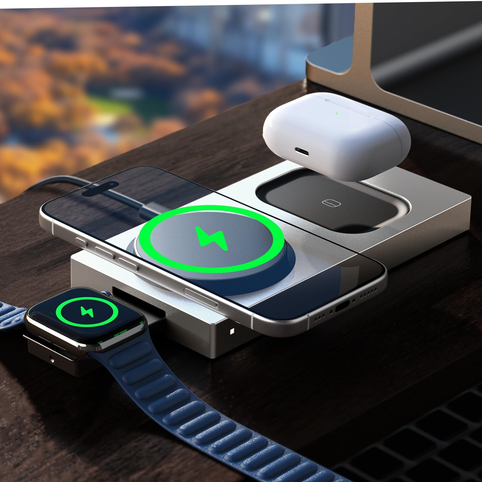 LISEN Qi2 MagSafe Charger 3-in-1 15W Fast Charging Station for iPhone 16/15 Pro Max, Apple Watch & AirPods - Gold | Wireless Charging Stand Dock with Magsafe Technology | Perfect for Home, Office & Nightstand Charging