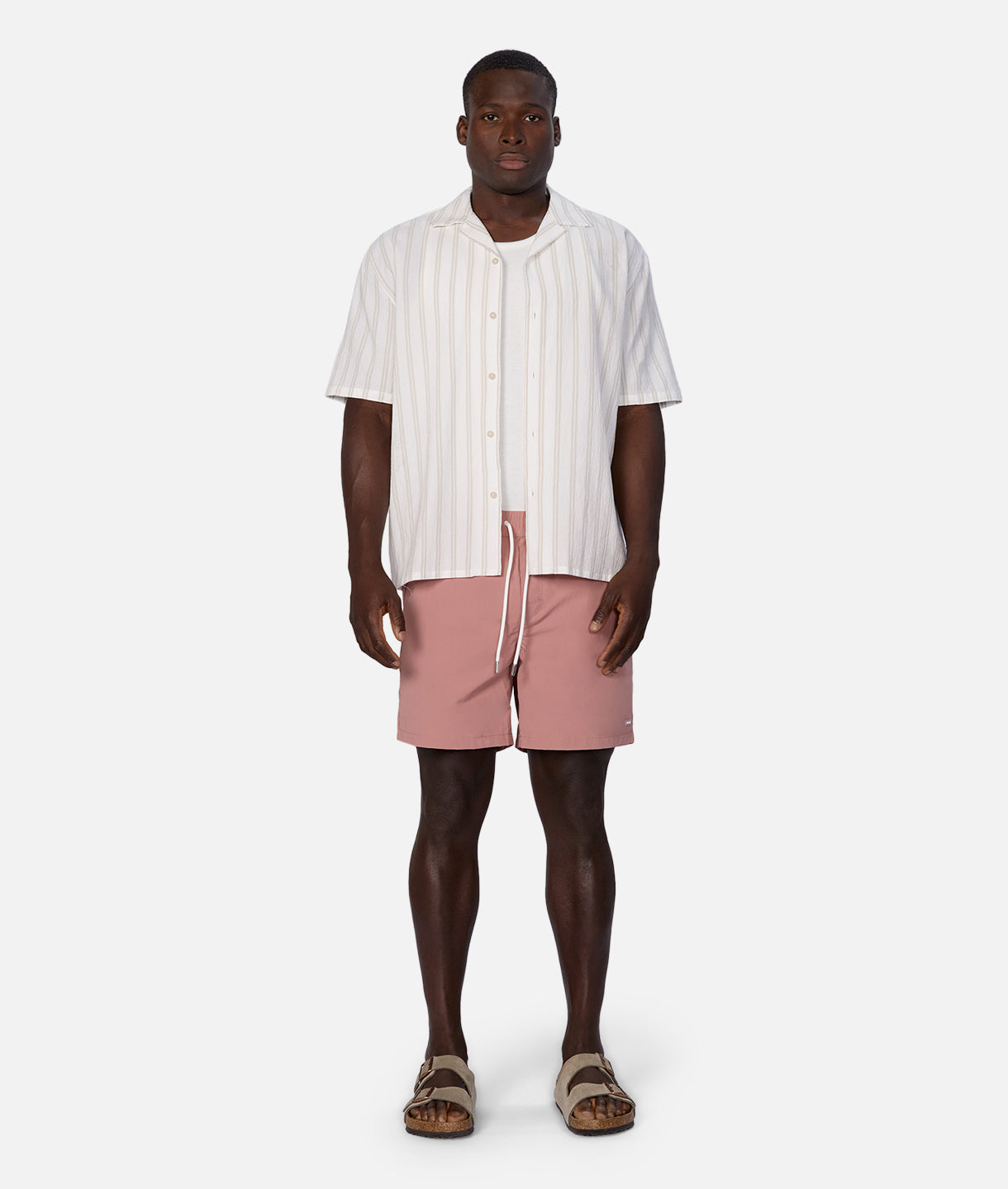 Premium Striped Magna Short Sleeve Shirt for Men - 100% Cotton Comfort Fit Casual Wear - Natural Stone Color for Office & Outdoor Activities