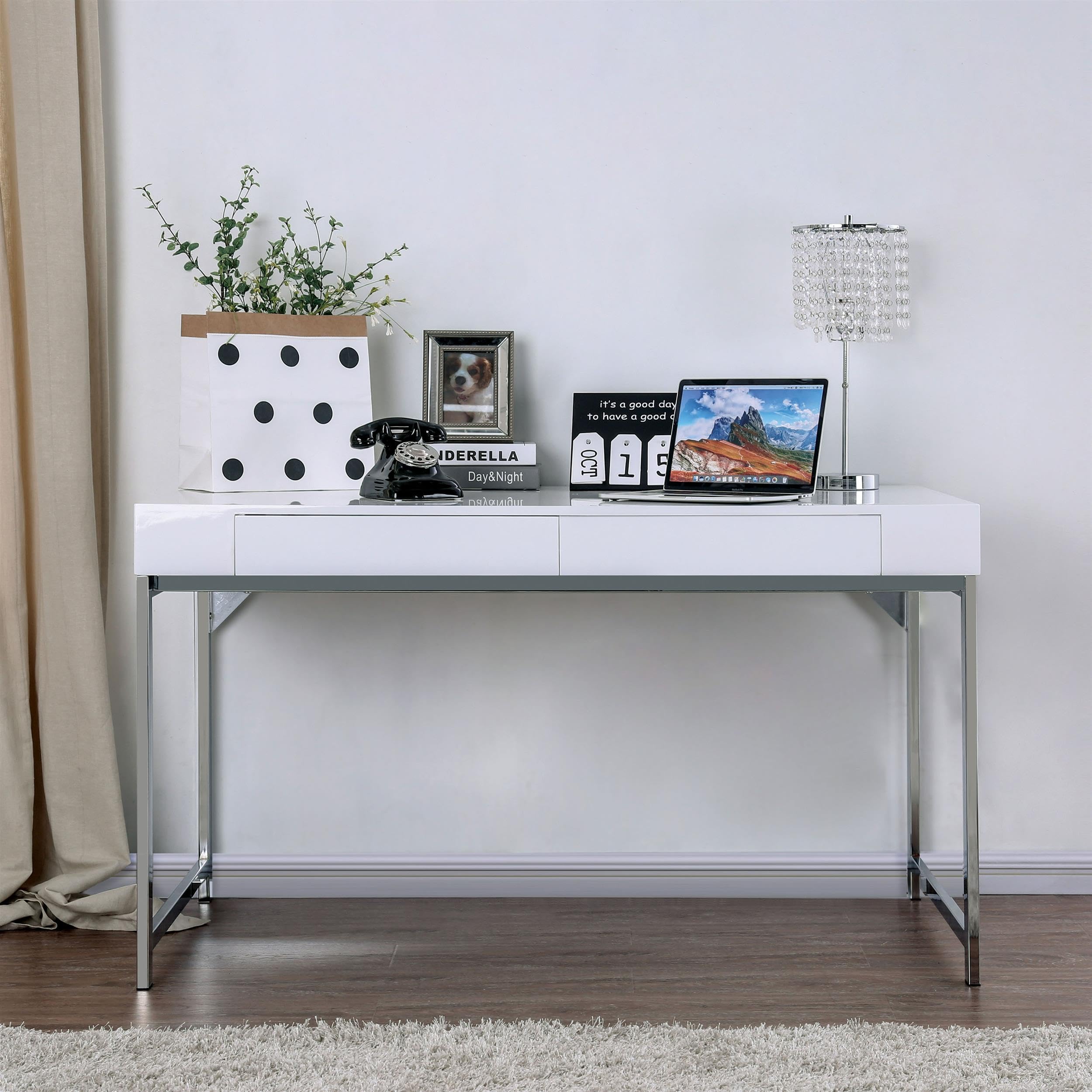 Robertson Wood 2-Drawer Writing Desk with USB Port - White Modern Home Office Desk for Small Spaces | Study, Work from Home & Remote Learning Furniture