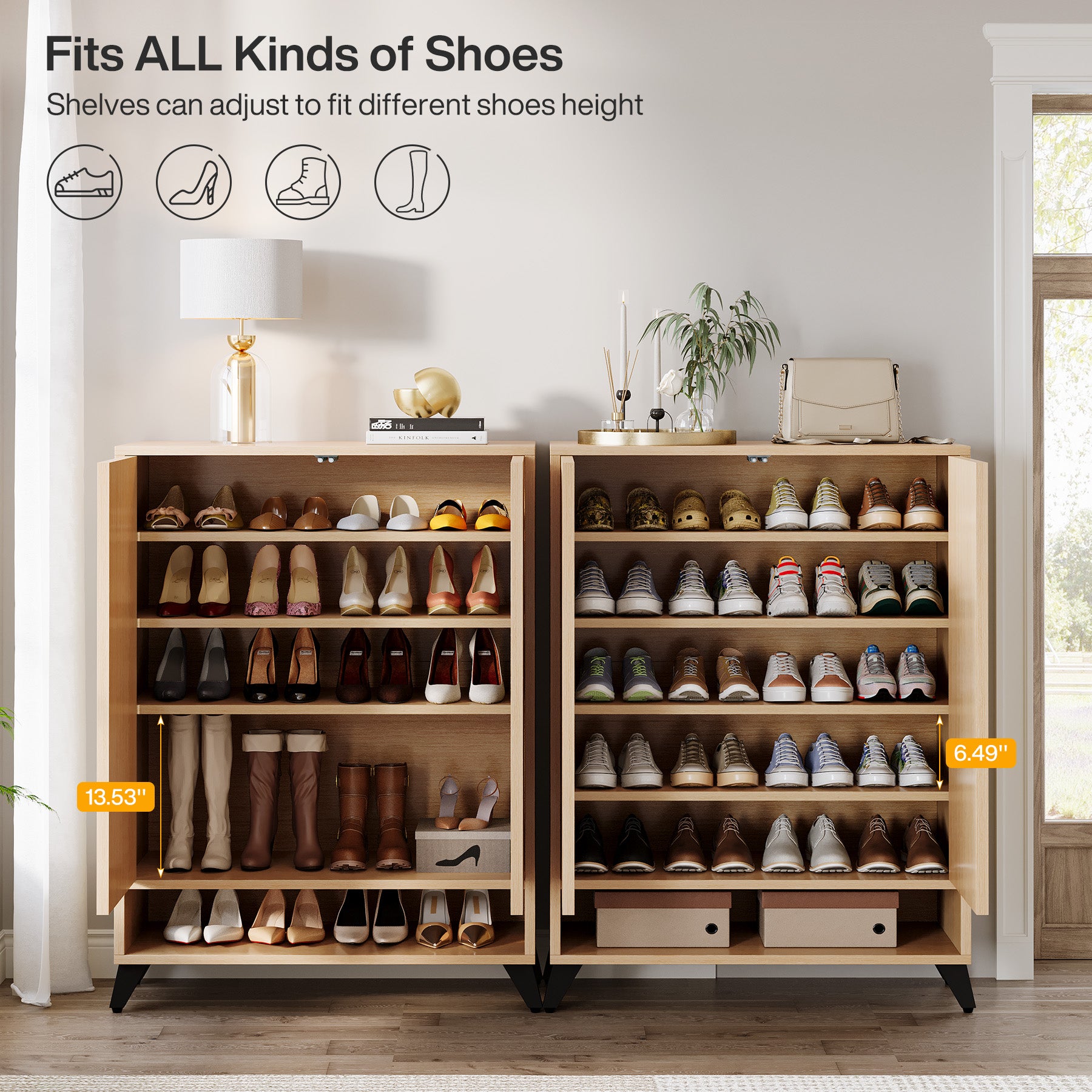 6-Tier Wooden Shoe Storage Cabinet with Adjustable Shelves - Space Saving Shoe Organizer for Entryway, Closet & Bedroom Organization