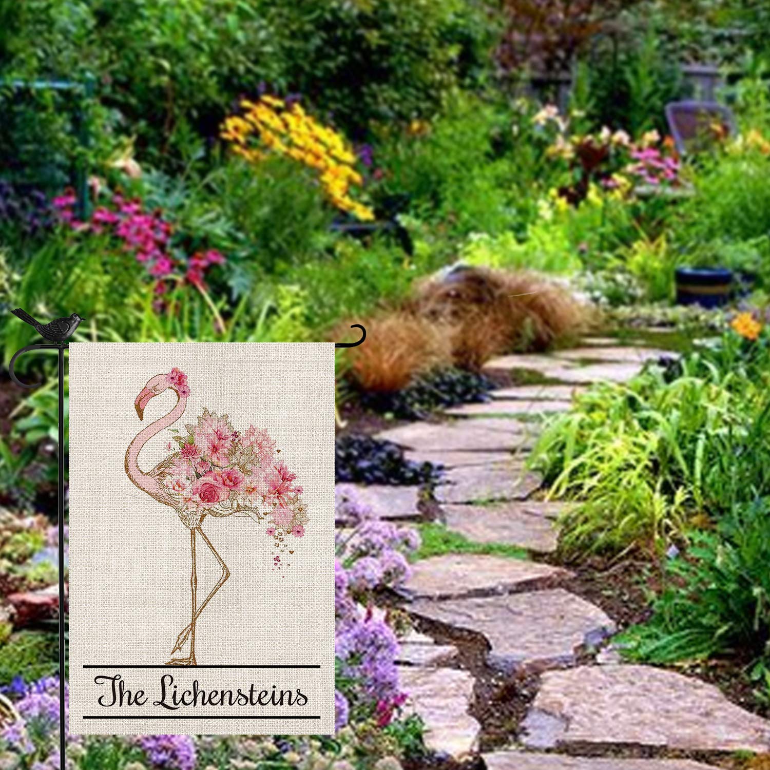 Personalized Flamingo Garden Flag - Custom Family Name Summer Spring Flower Decor - Double Sided 12x18 Inch Rustic Farmhouse Burlap - Perfect for Yard, Outdoor & Porch Decoration - Great Gift for Mother's Day & Housewarming