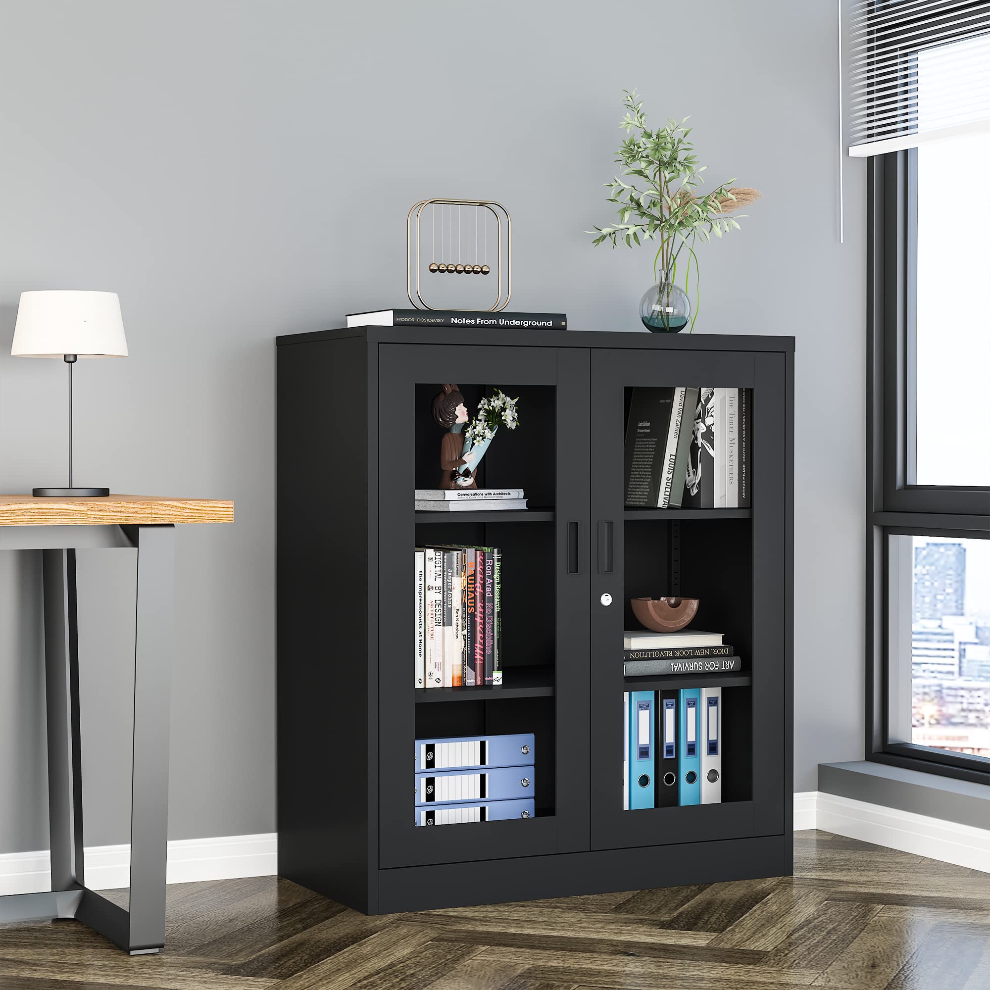 Metal Storage Cabinet with Glass Doors - Adjustable Shelves & Lockable Display for Home, Living Room, Hallway | Modern Sideboard & Bookcase for Collectibles, China, Decor