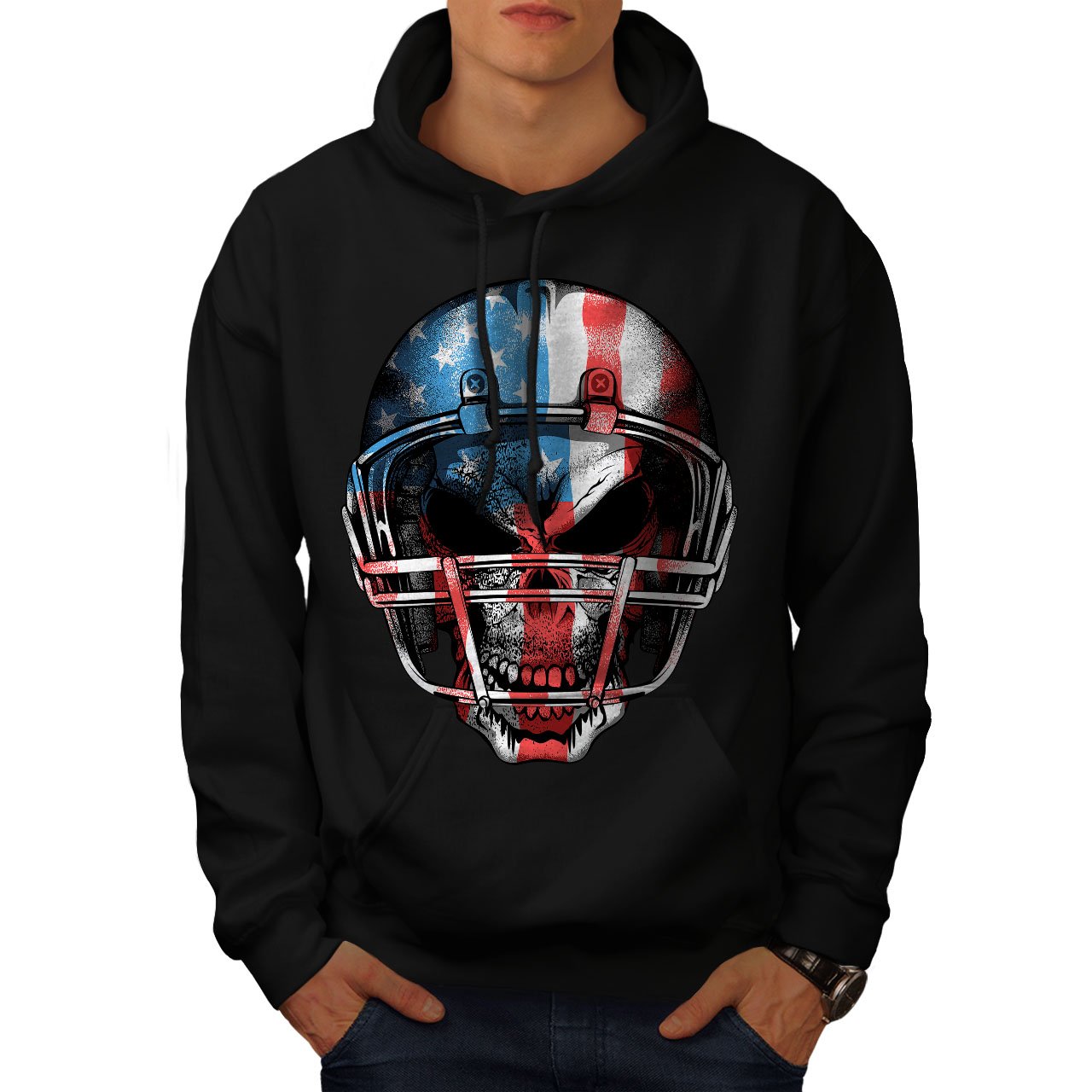 Wellcoda American Football Hoodie for Men - USA Flag Hooded Sweatshirt | Comfortable & Stylish Pullover for Game Day, Tailgating & Casual Wear