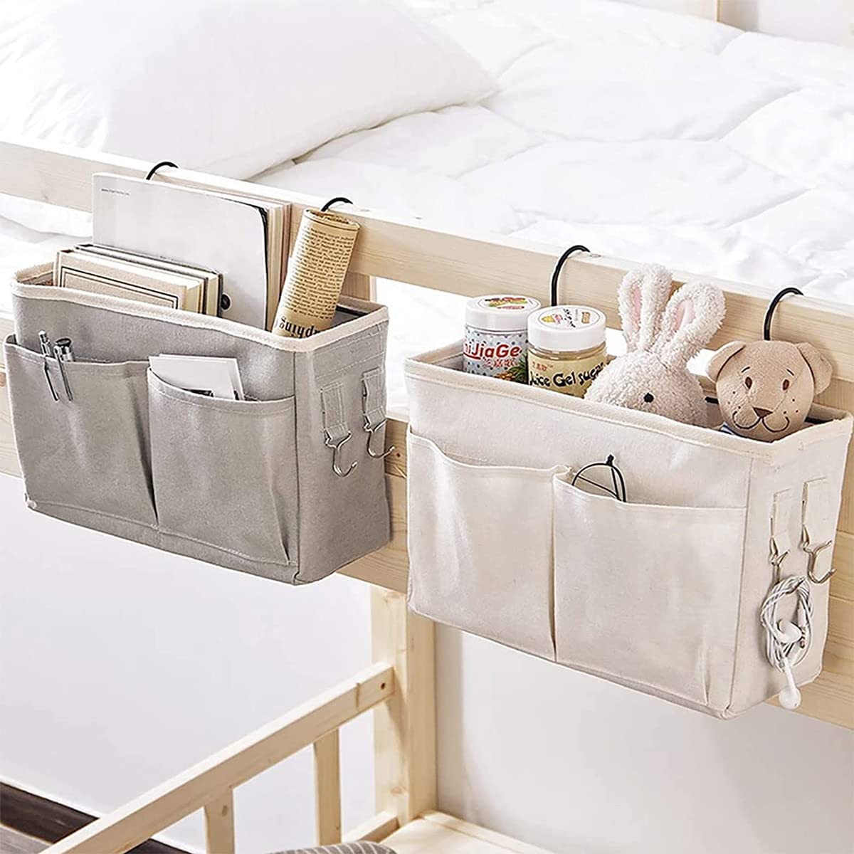 Bedside Storage Pocket Organizer - Hanging Storage Basket with Hook for Bed, Dorm, Office & School - Grey Grid - Perfect for Books, Phones & Essentials
