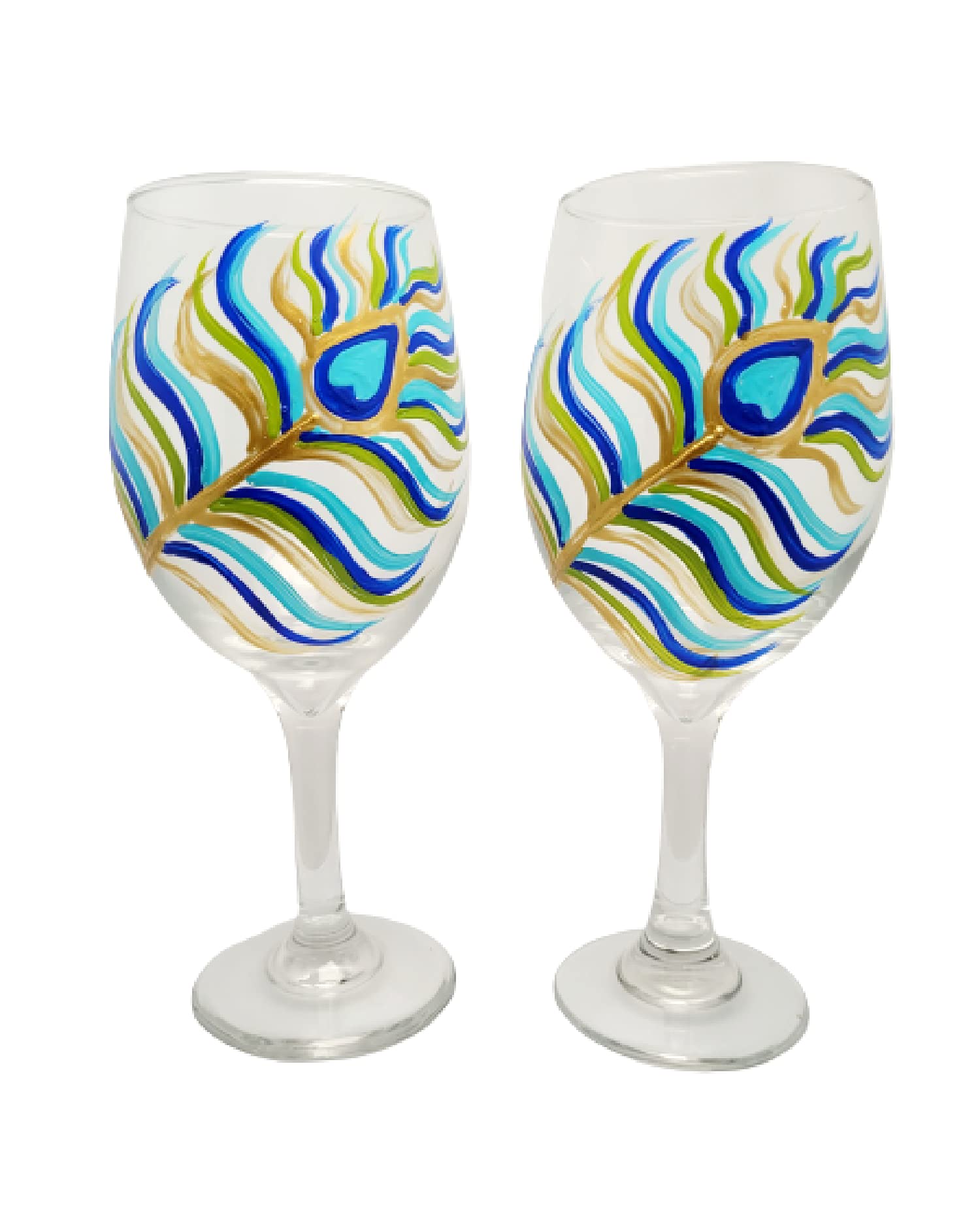 Hand-Painted Peacock Feather Wine Glasses Set of 2 - Elegant Stemware for Dinner Parties, Weddings & Home Decor