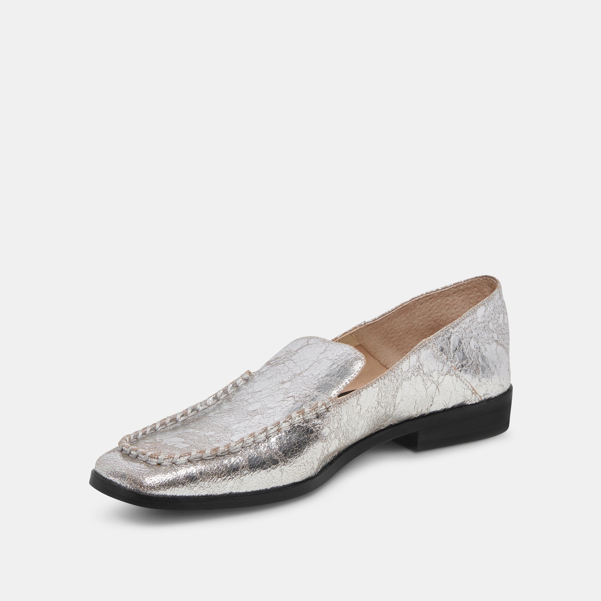 BENY Women's Wide Flats - Silver Distressed Leather Slip-On Shoes for Casual Wear & Comfortable Walking